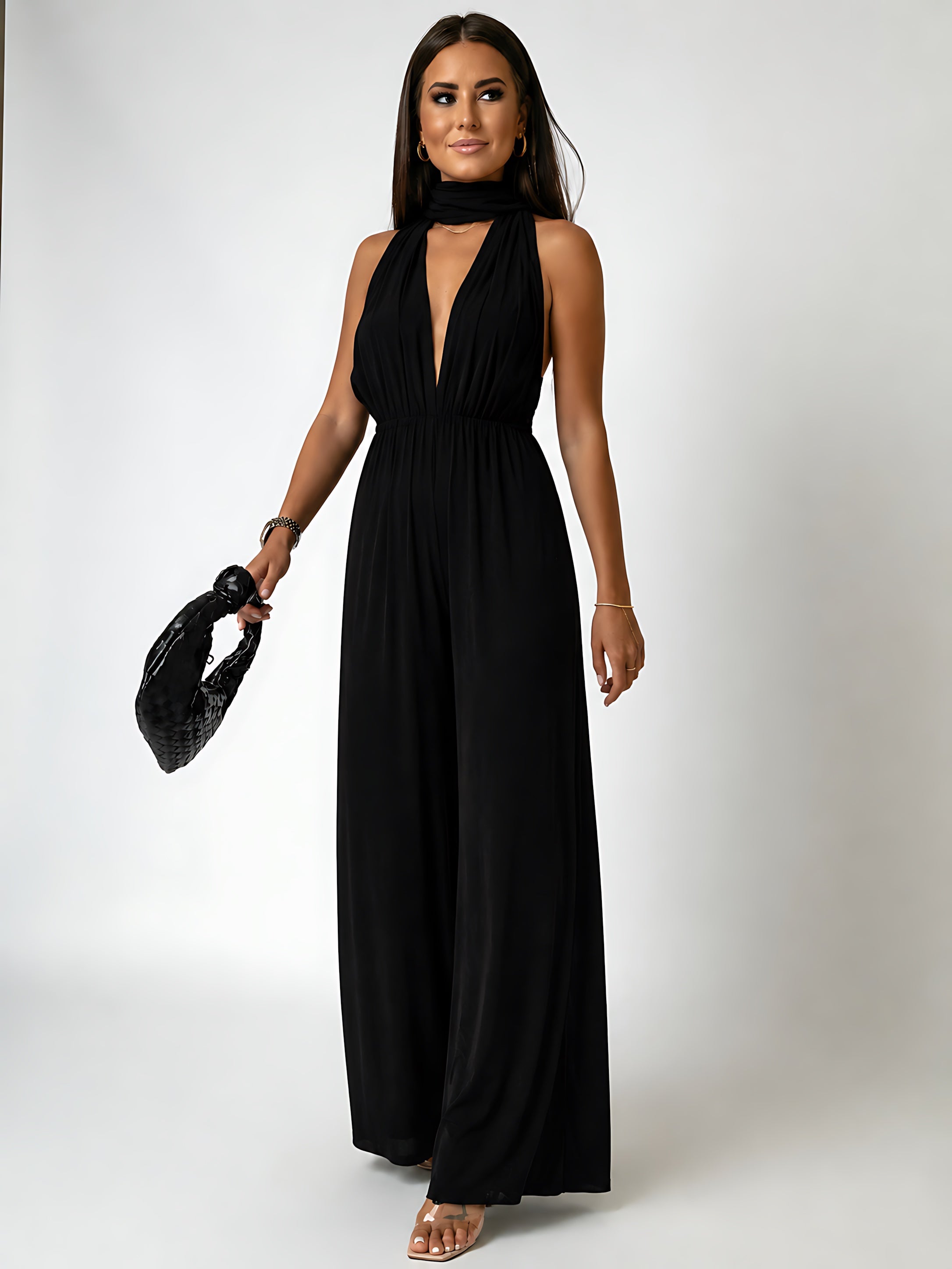 Blakely – Deep V Neck Wrap Wide Leg Evening Jumpsuit