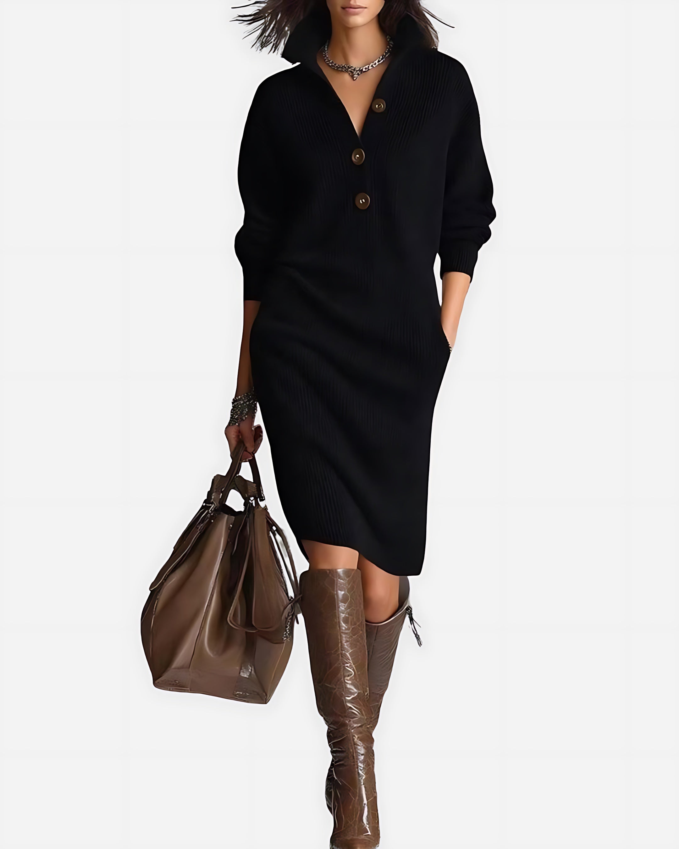 Blakely – Knit Long Sleeve V Neck Sweater Midi Dress