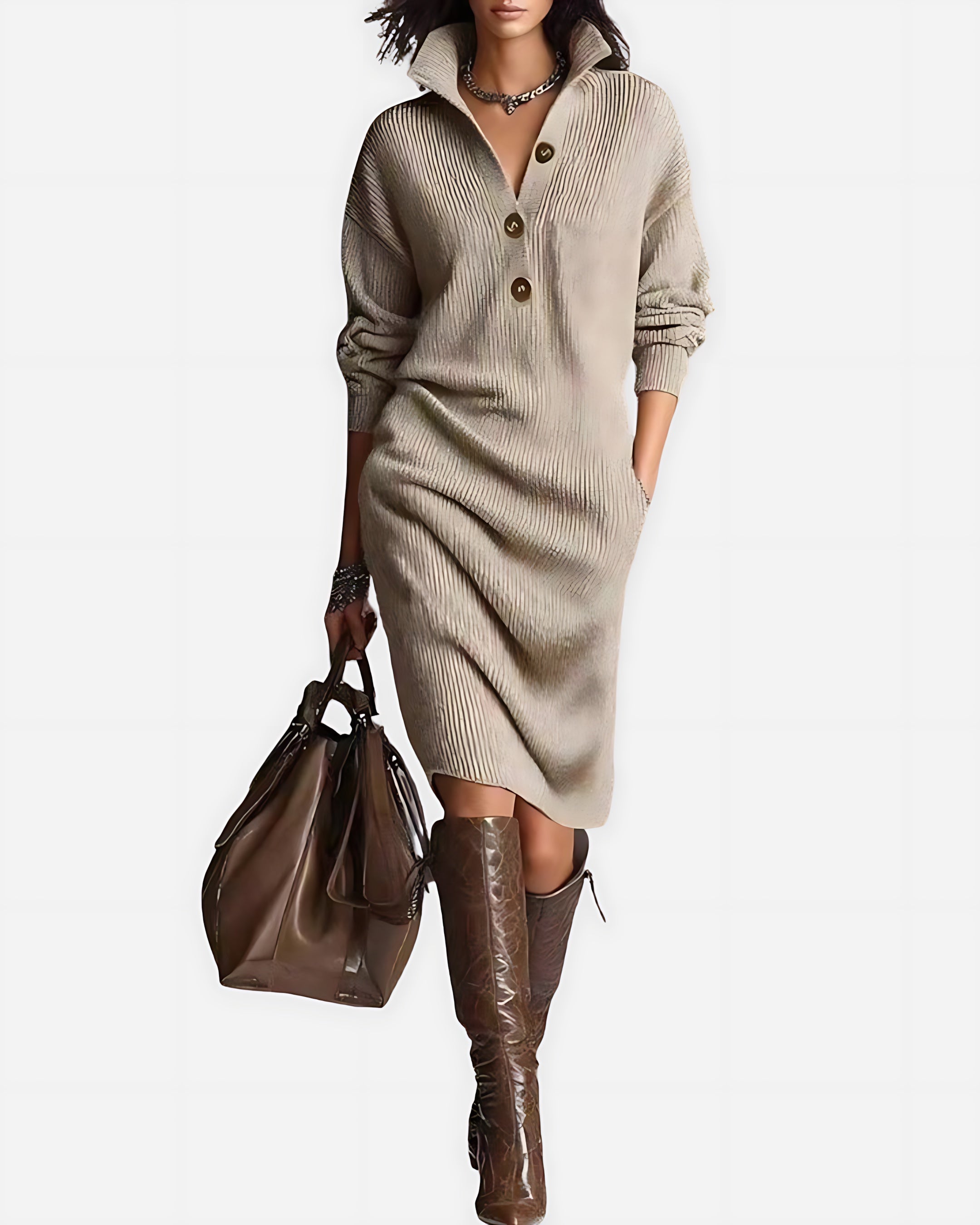 Blakely – Knit Long Sleeve V Neck Sweater Midi Dress