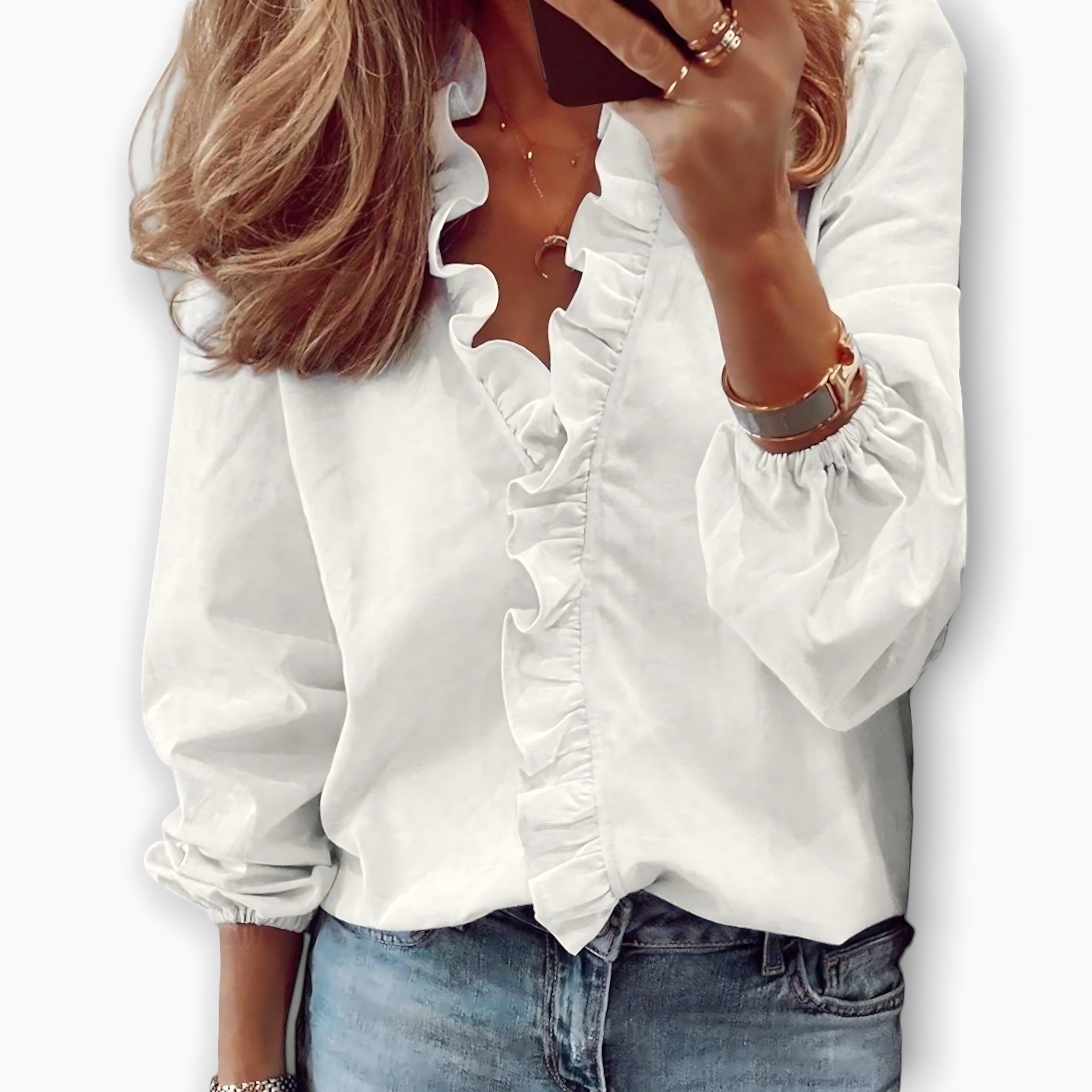 Blakely – Ruffle Front V Neck Long Sleeve Blouse