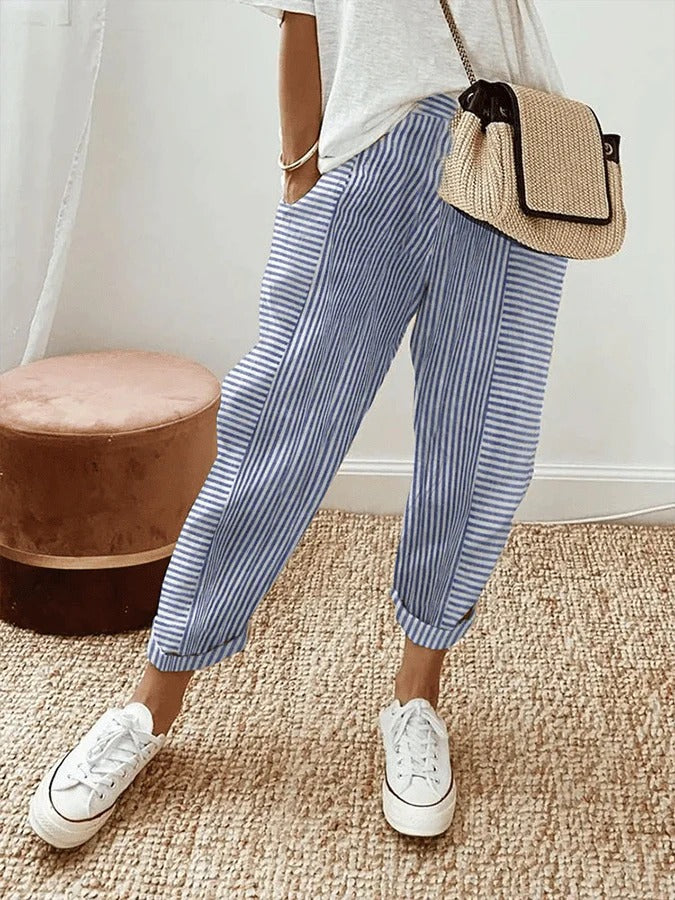 Mabel – Striped Elastic Waist Tapered Pants