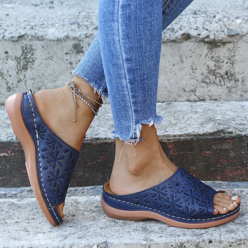 Annie – Embossed Peep Toe Wedge Slide Sandals