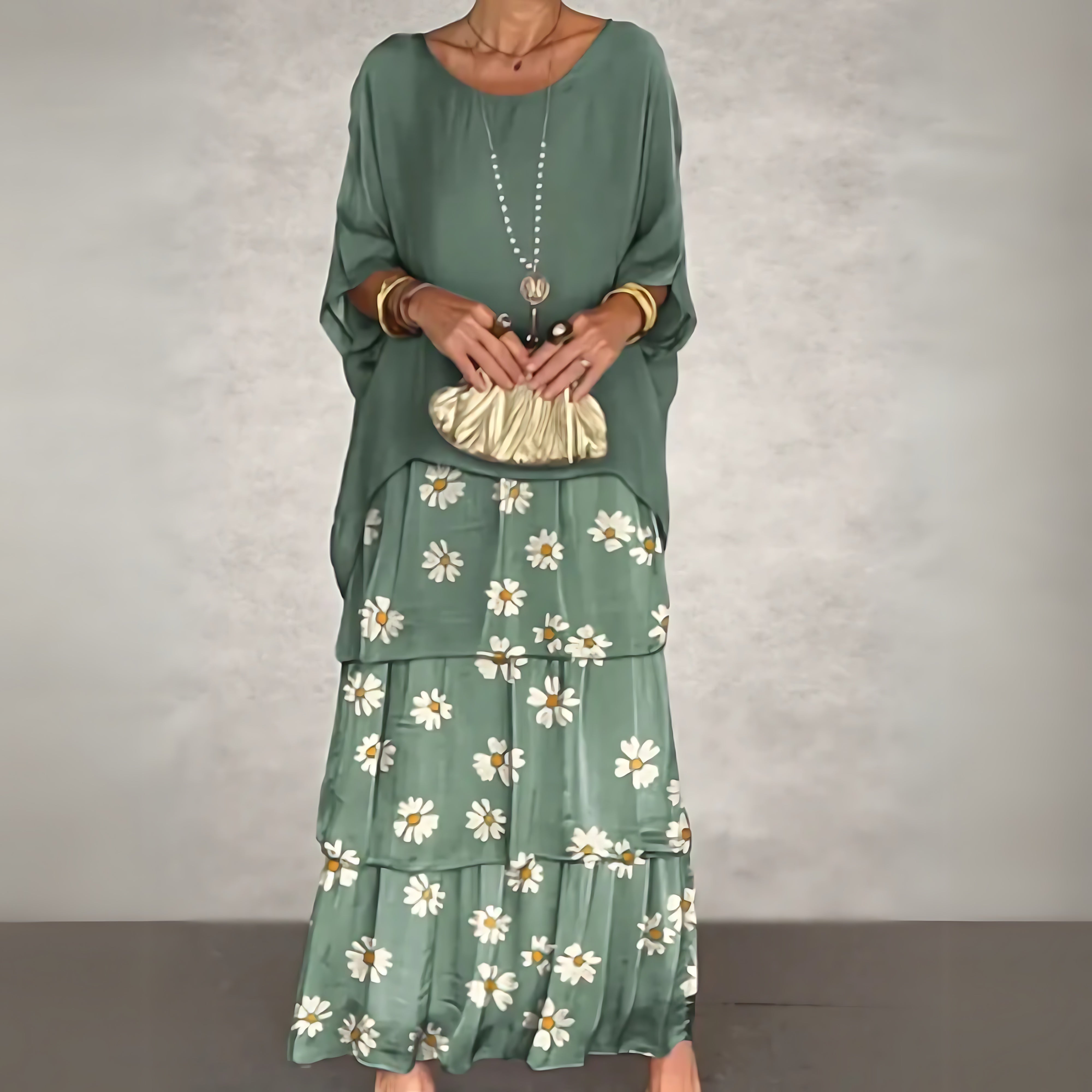 Brianna – Daisy Print Batwing Sleeve Tiered Maxi Dress