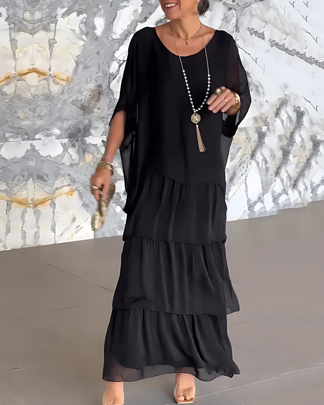 Brianna – Daisy Print Batwing Sleeve Tiered Maxi Dress
