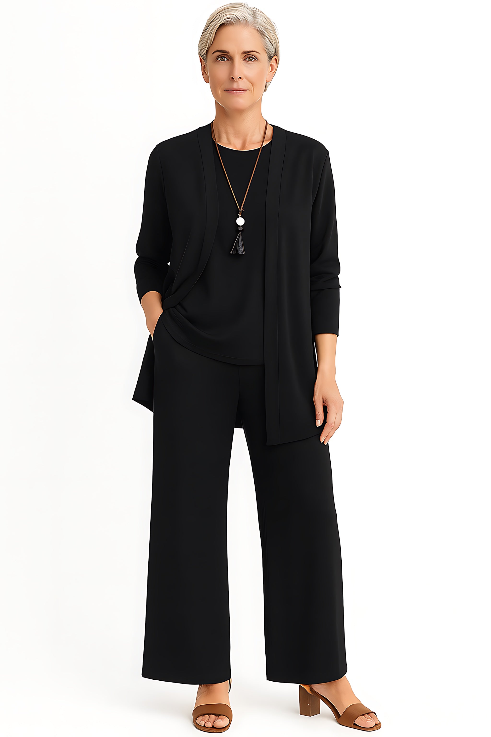 Brianna – Three Piece Cardigan Tank Top And Wide Leg Pants Set