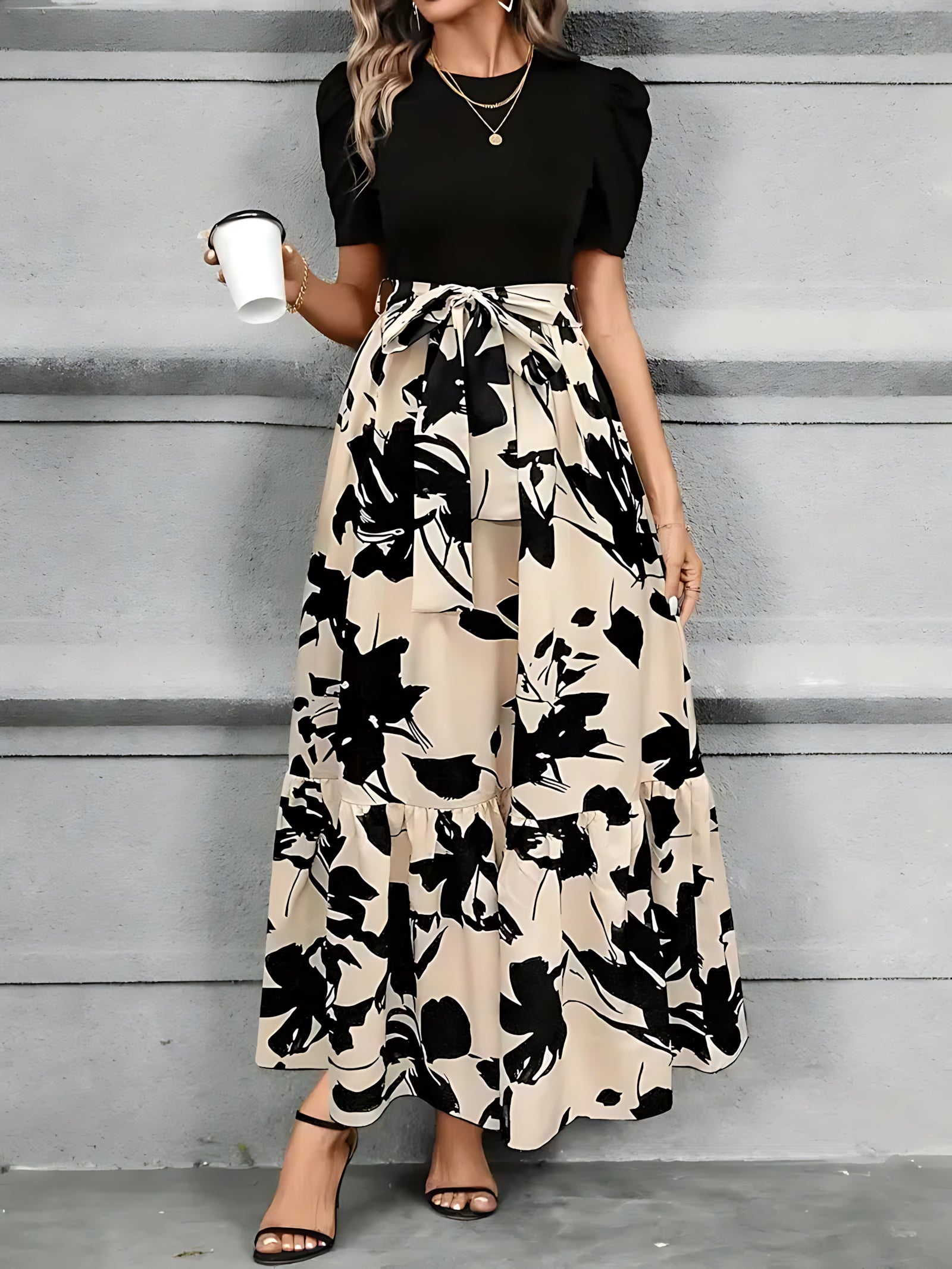 Brielle – Floral Puff Sleeve Fit And Flare Maxi Dress
