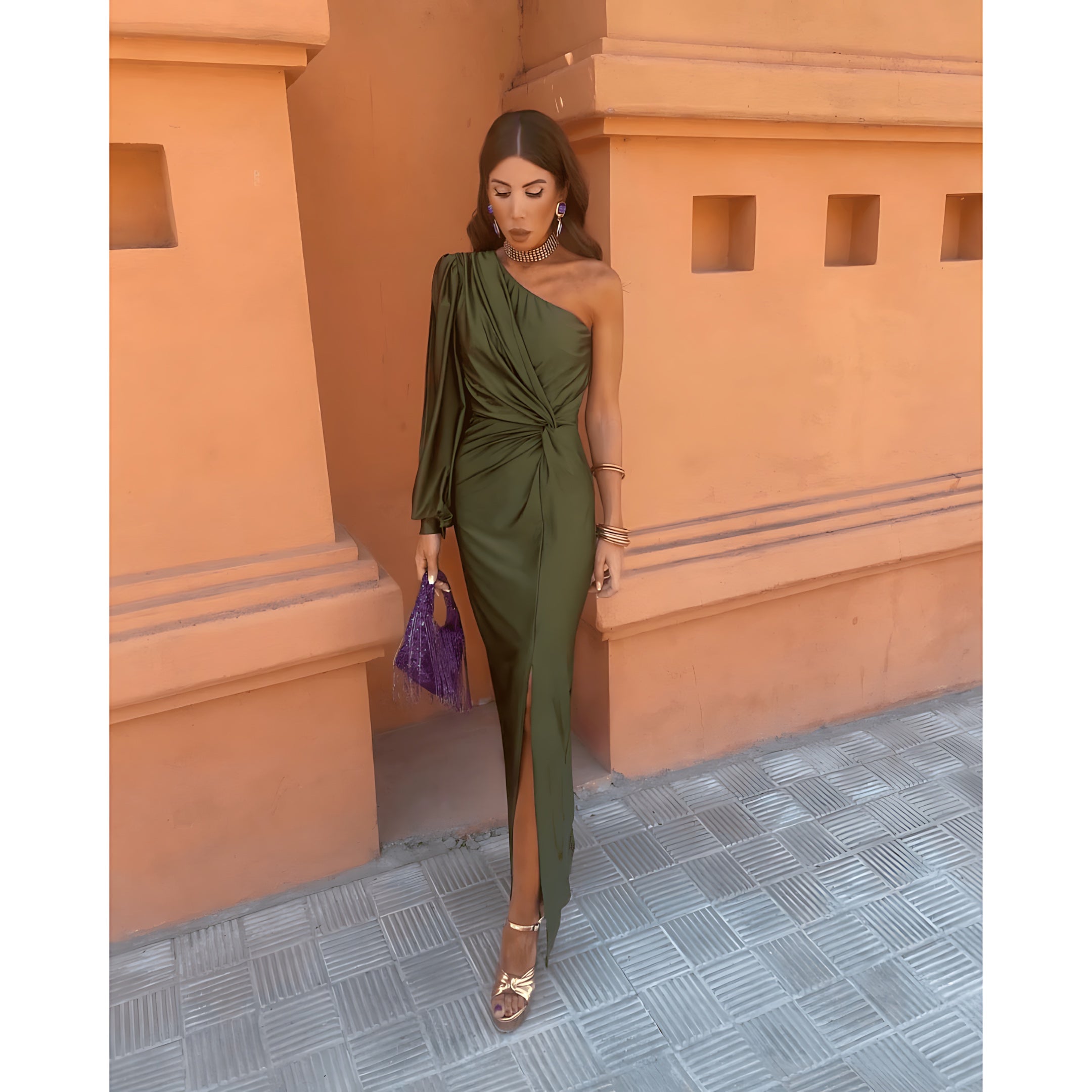 Brielle – Satin One Shoulder Slit Evening Midi Dress