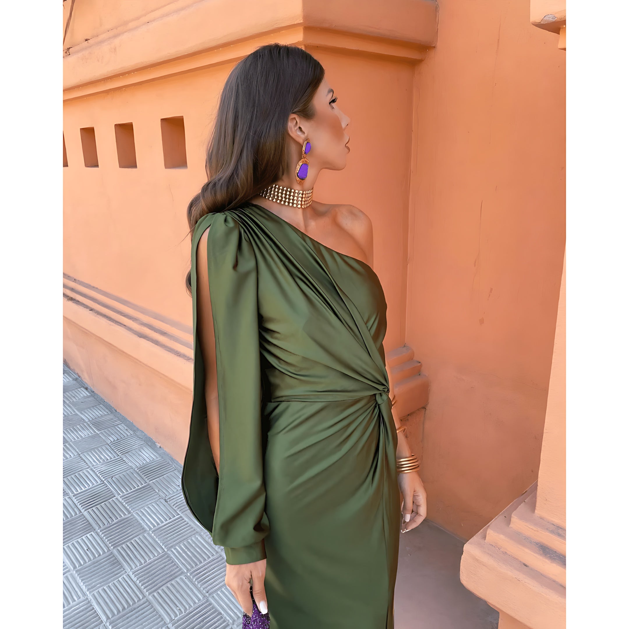 Brielle – Satin One Shoulder Slit Evening Midi Dress