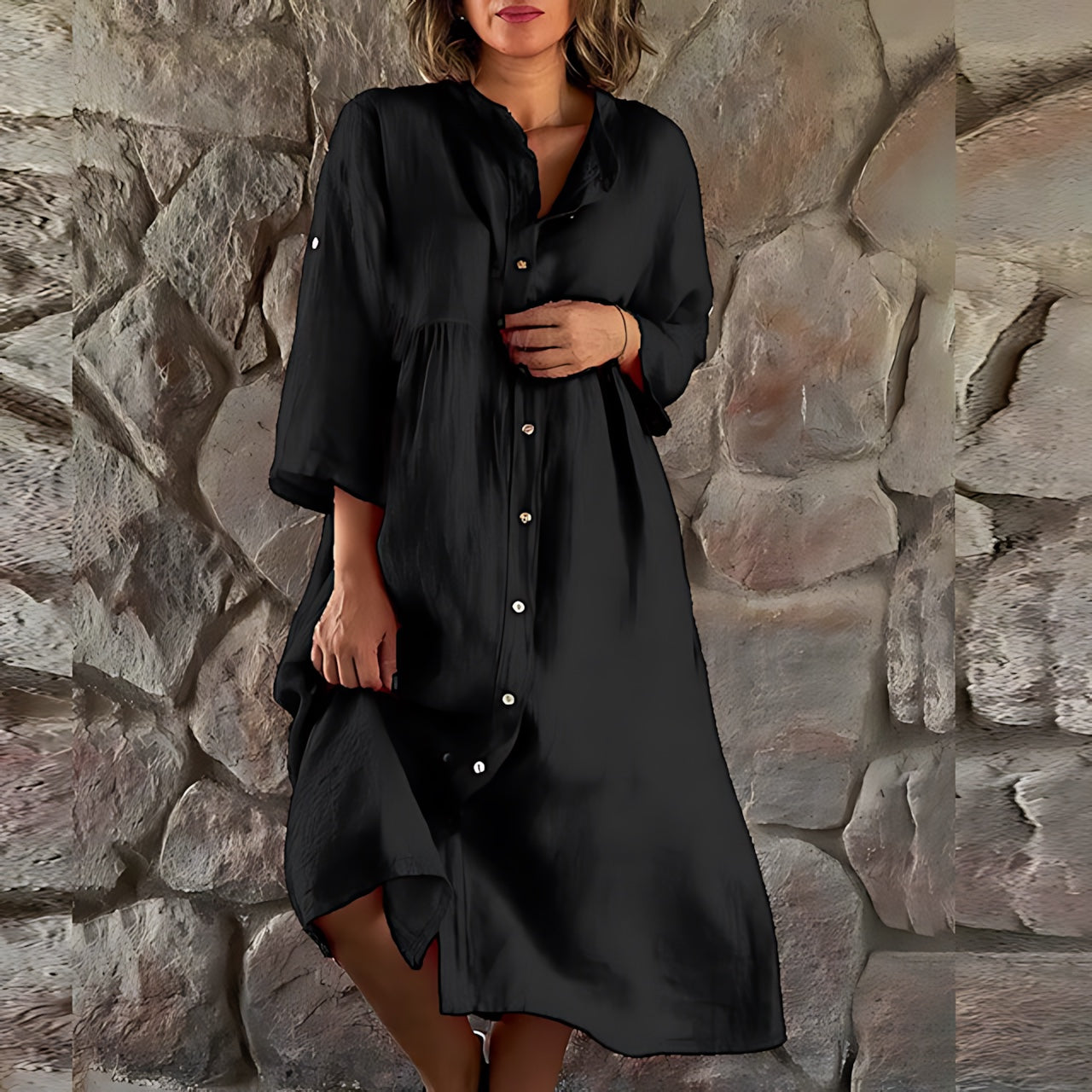 Brooke – 3/4 Sleeve Flowy Summer Midi Shirt Dress