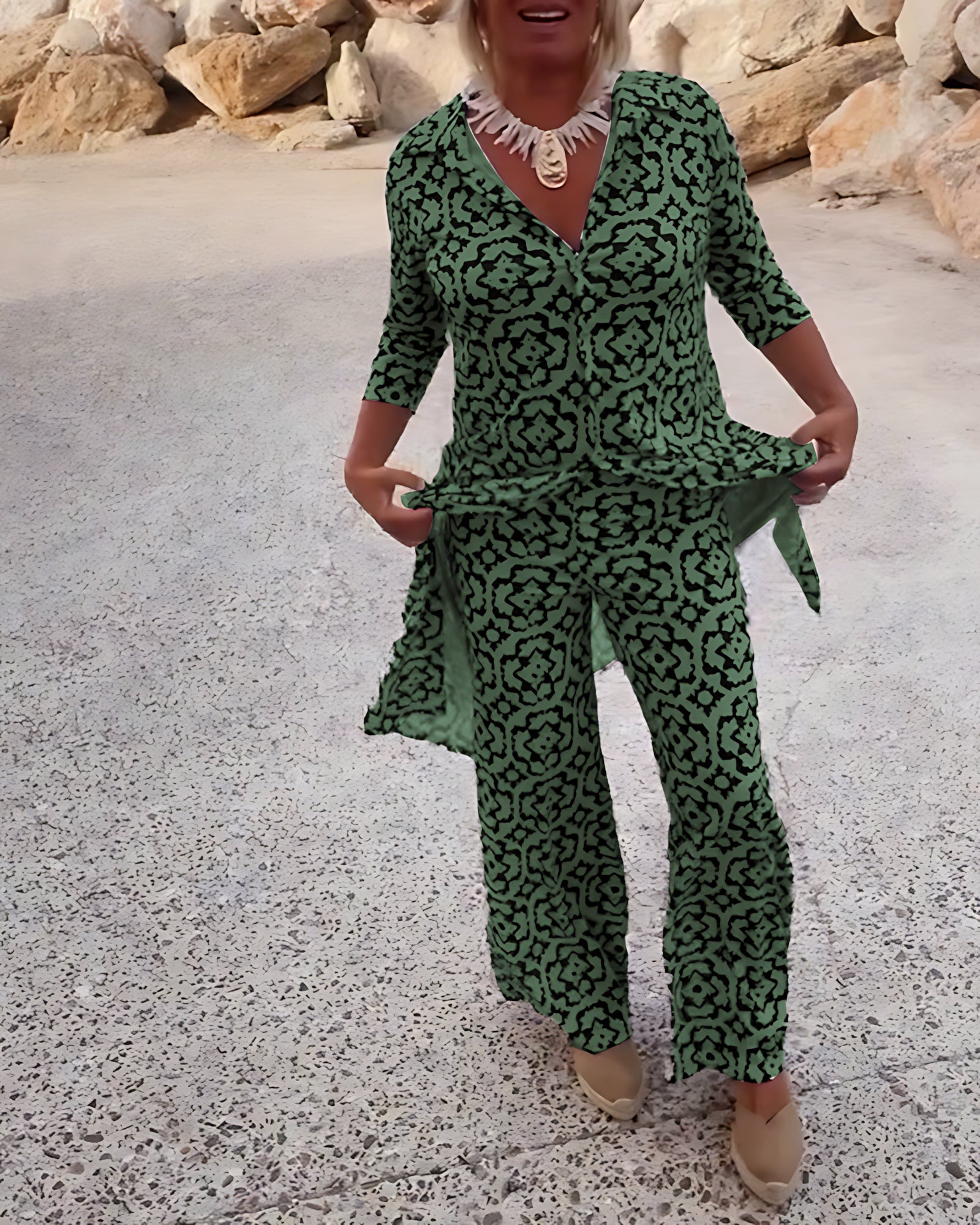 Brooke – Printed Longline Shirt and Straight Leg Pants Set