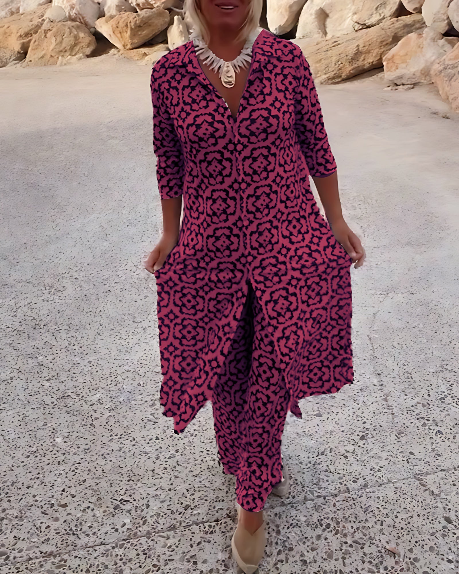 Brooke – Printed Longline Shirt and Straight Leg Pants Set