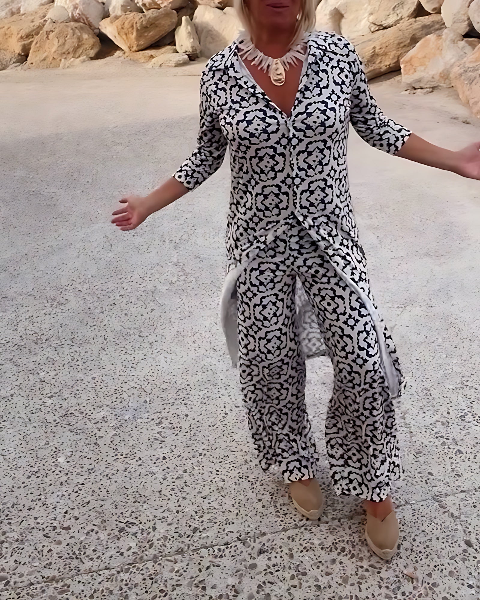 Brooke – Printed Longline Shirt and Straight Leg Pants Set