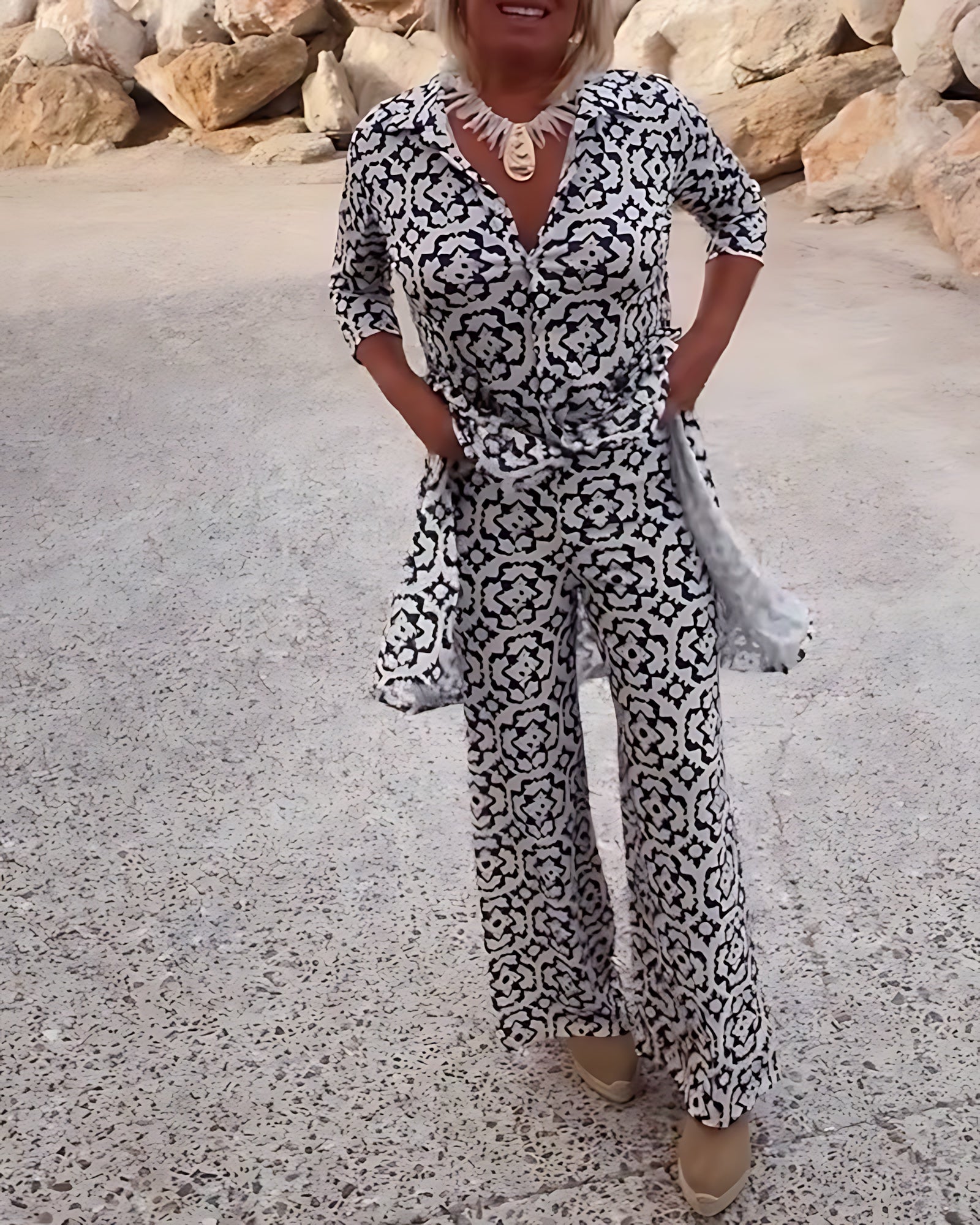 Brooke – Printed Longline Shirt and Straight Leg Pants Set