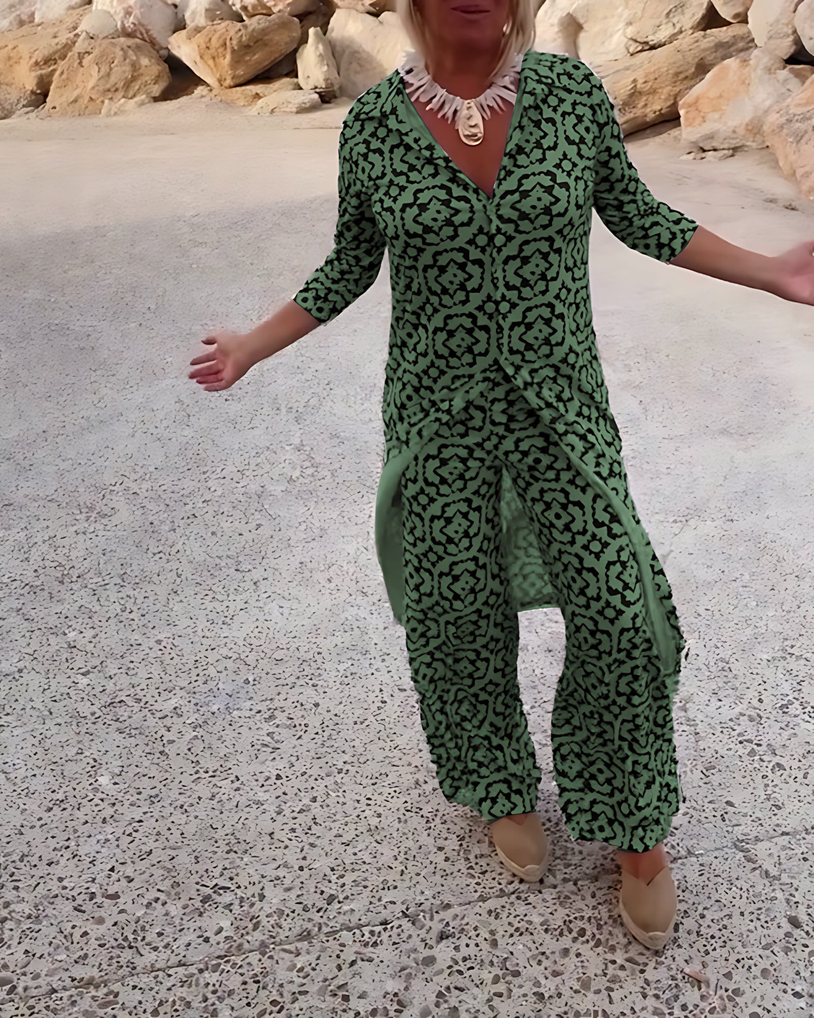 Brooke – Printed Longline Shirt and Straight Leg Pants Set