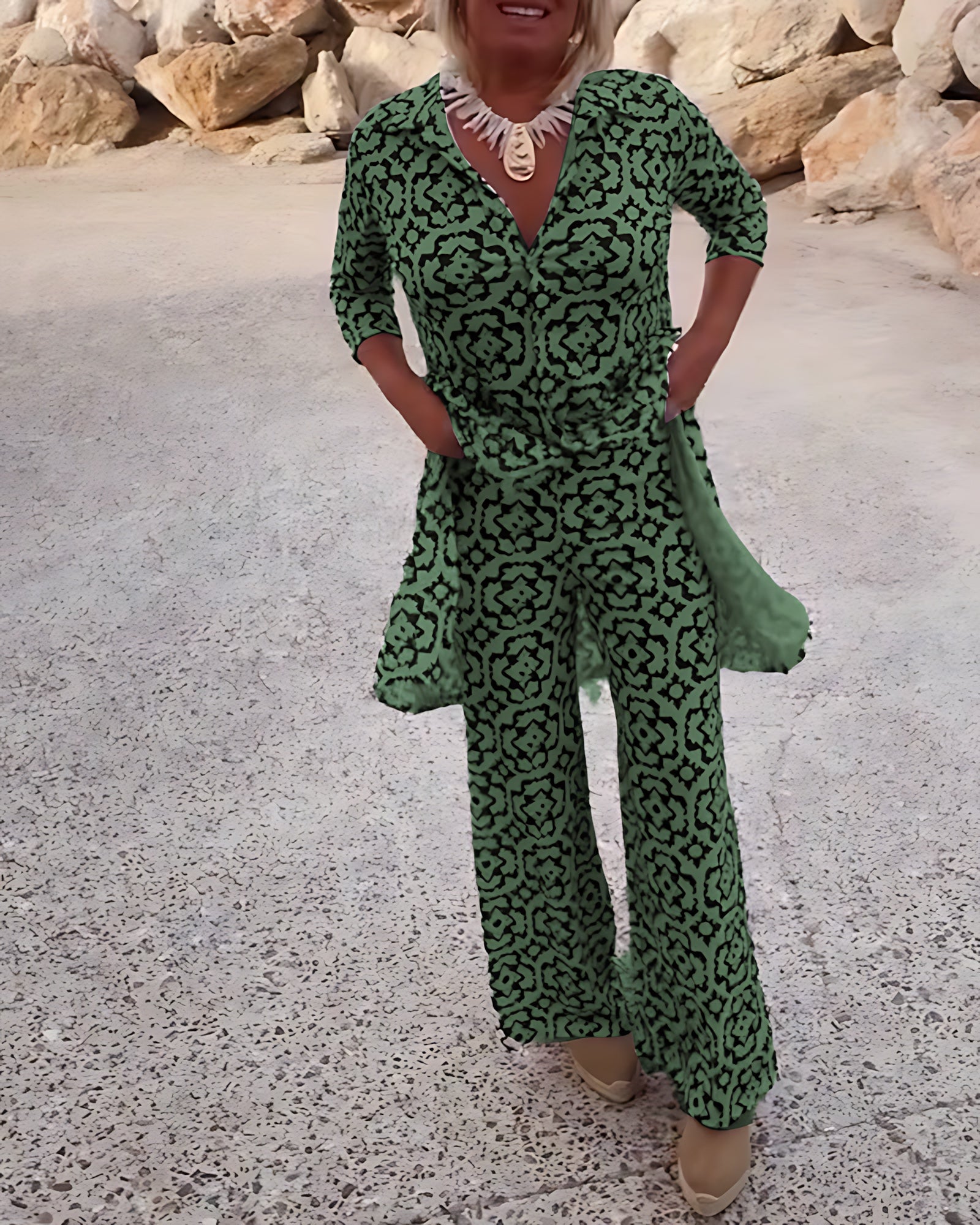 Brooke – Printed Longline Shirt and Straight Leg Pants Set