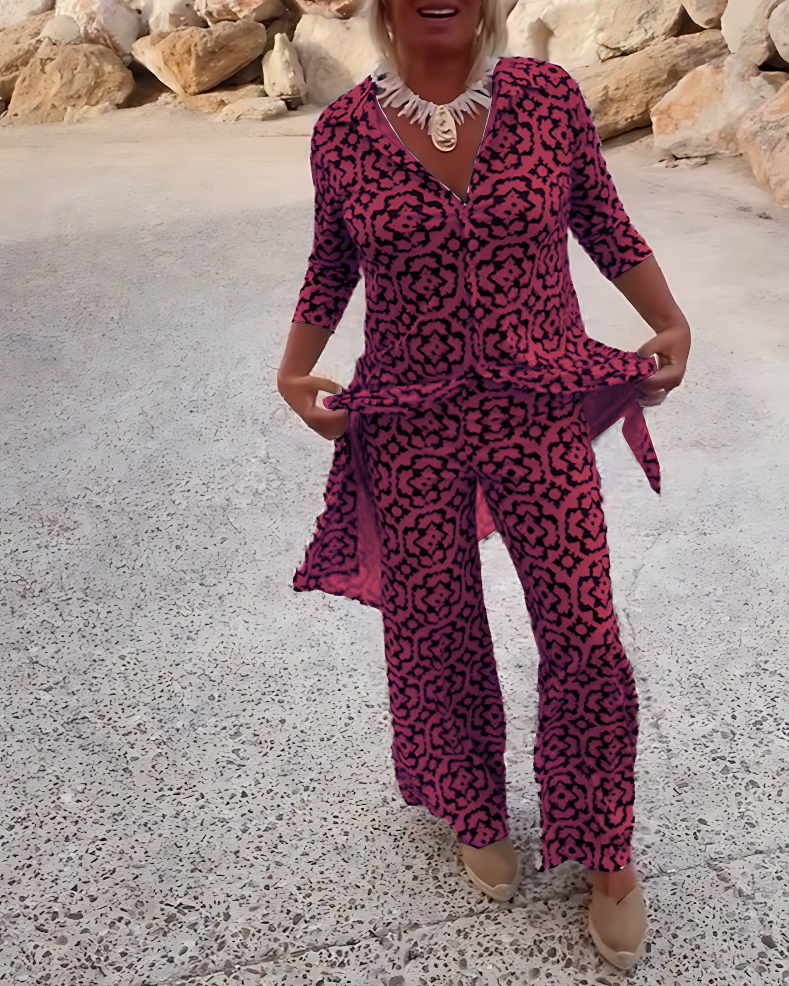 Brooke – Printed Longline Shirt and Straight Leg Pants Set