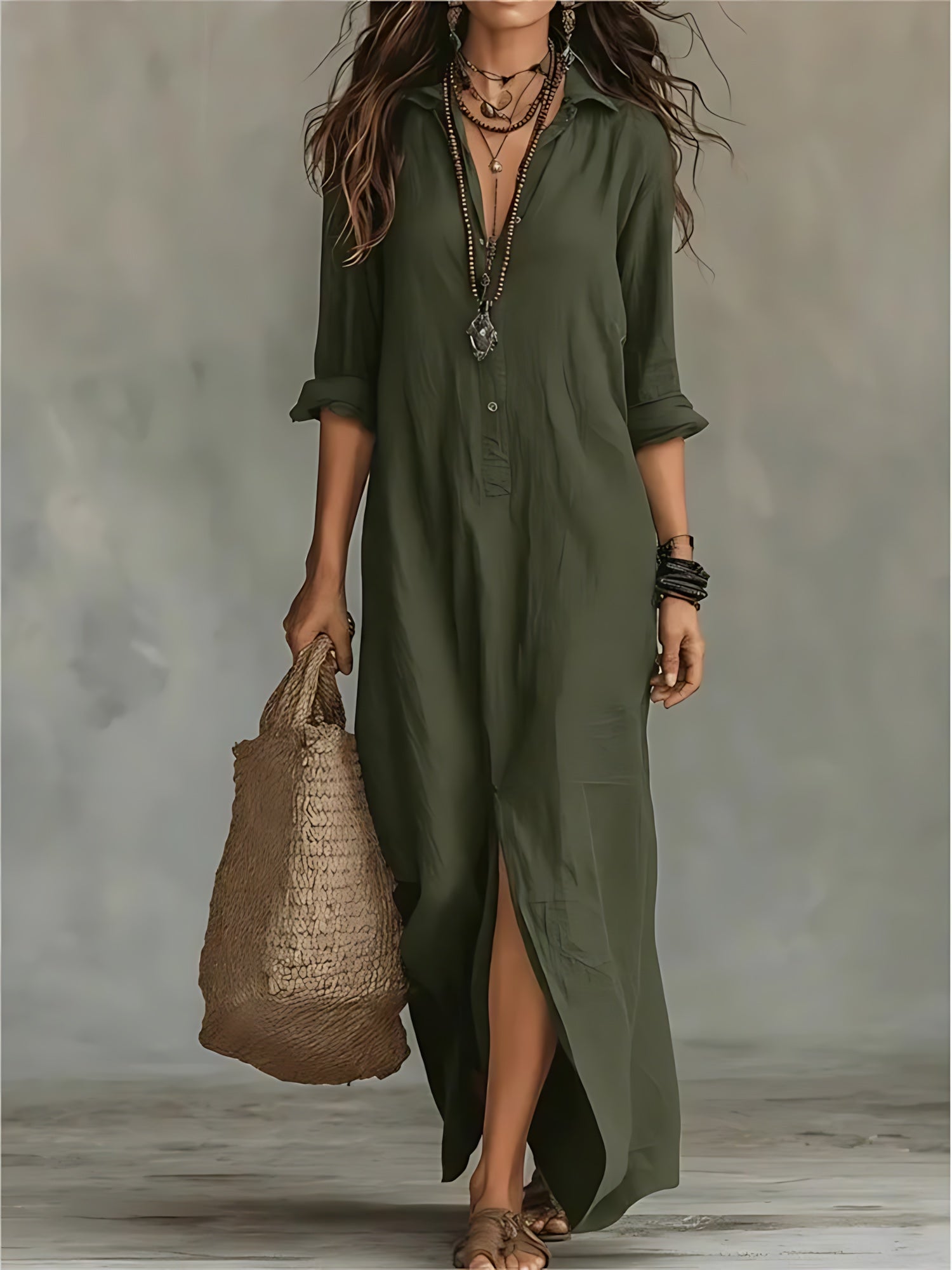 Brooklyn – Collared Three Quarter Sleeve Maxi Shirt Dress