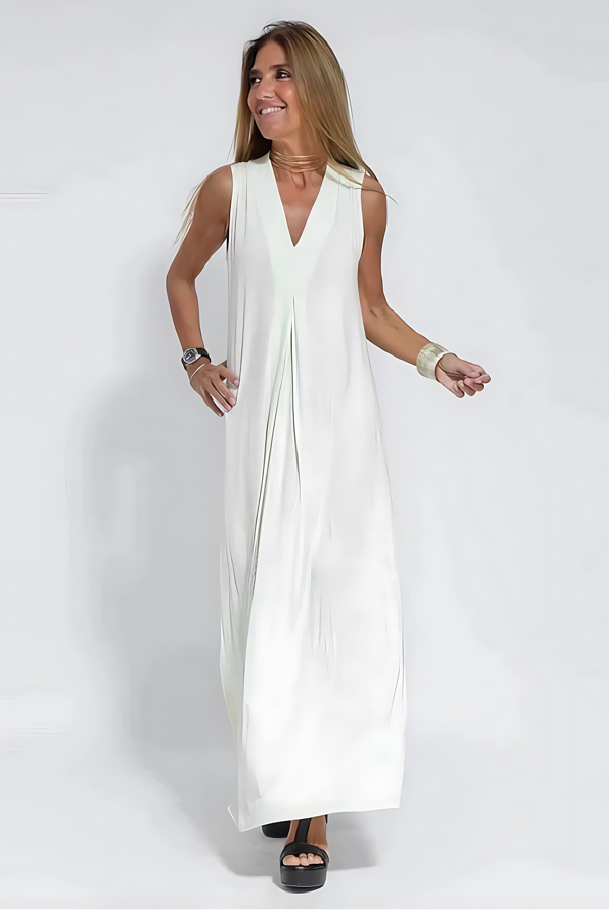 Brooklyn – V Neck Pleated A-Line Maxi Dress