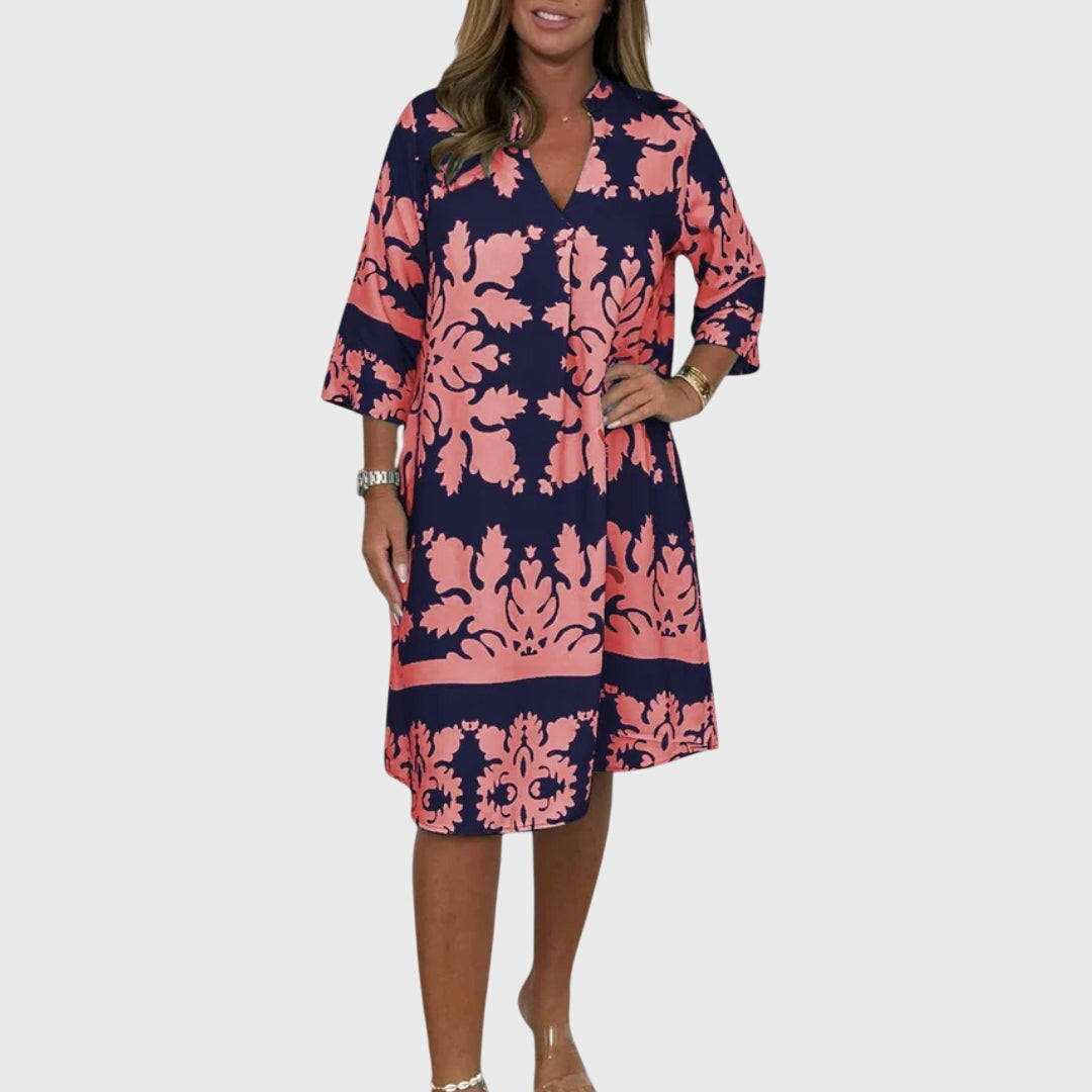 Hadley – Boho Print V Neck Flowy Midi Dress