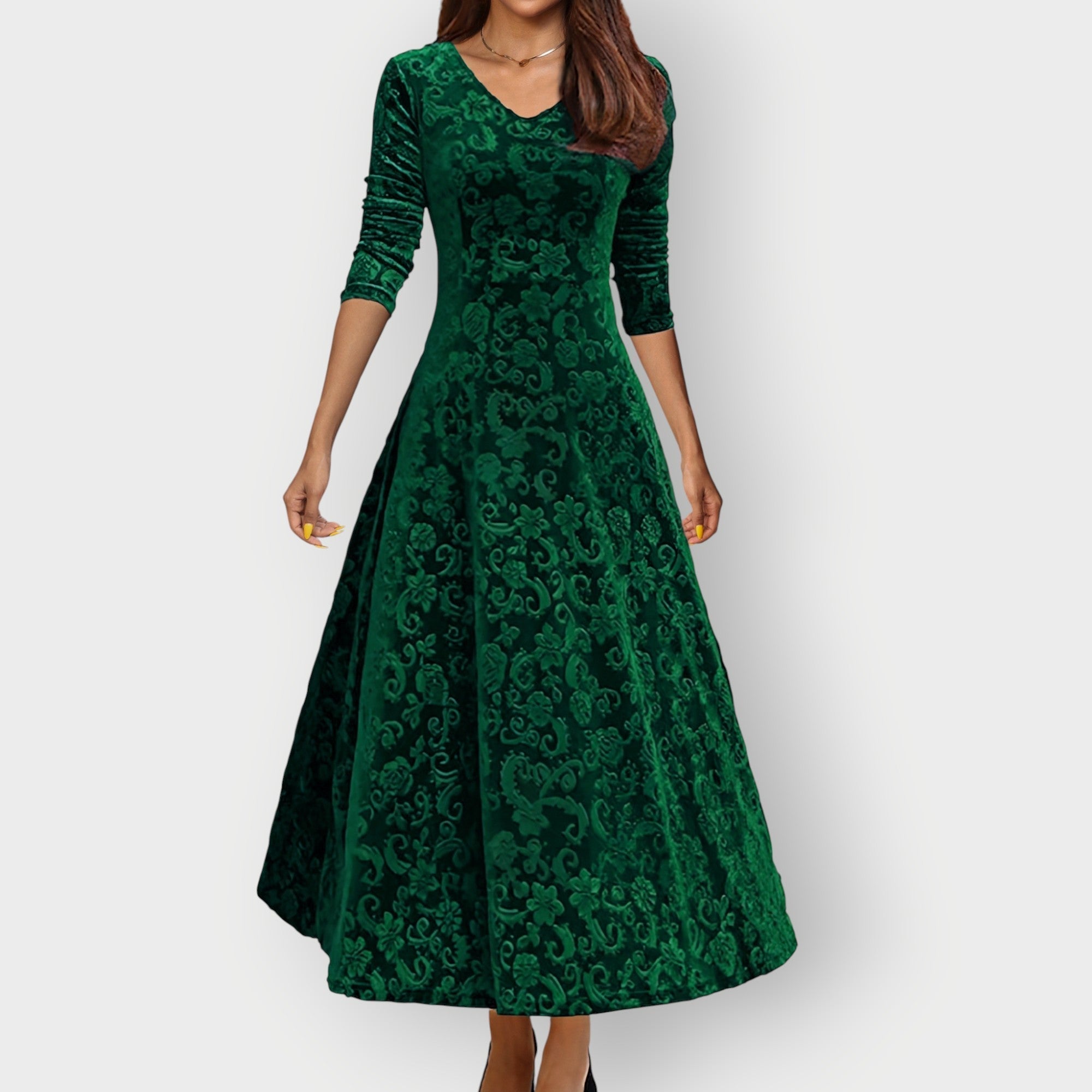 Cara – Velvet V Neck A Line Cocktail Midi Dress