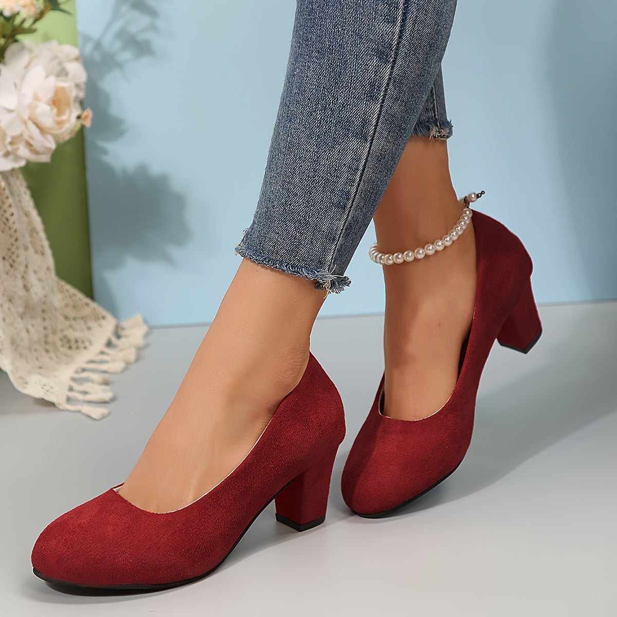 Sabrina – Suede Round Toe Block Heel Pumps