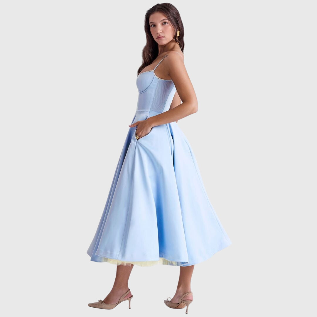 Luna – Satin Strapless Cocktail Midi Dress