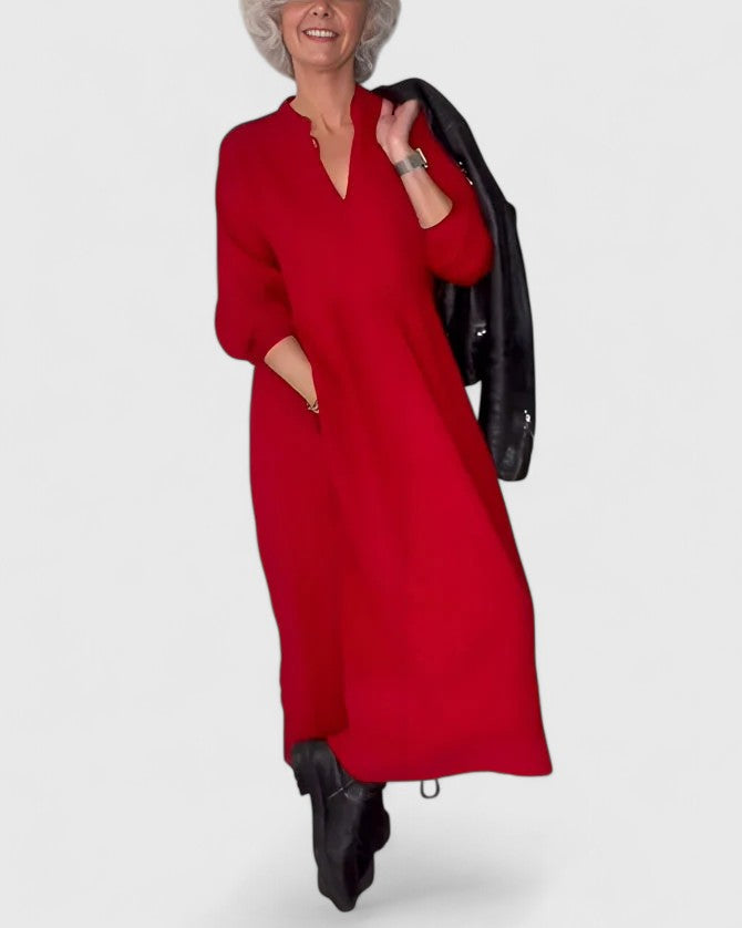 Valerie – V Neck Long Sleeve A-Line Maxi Dress