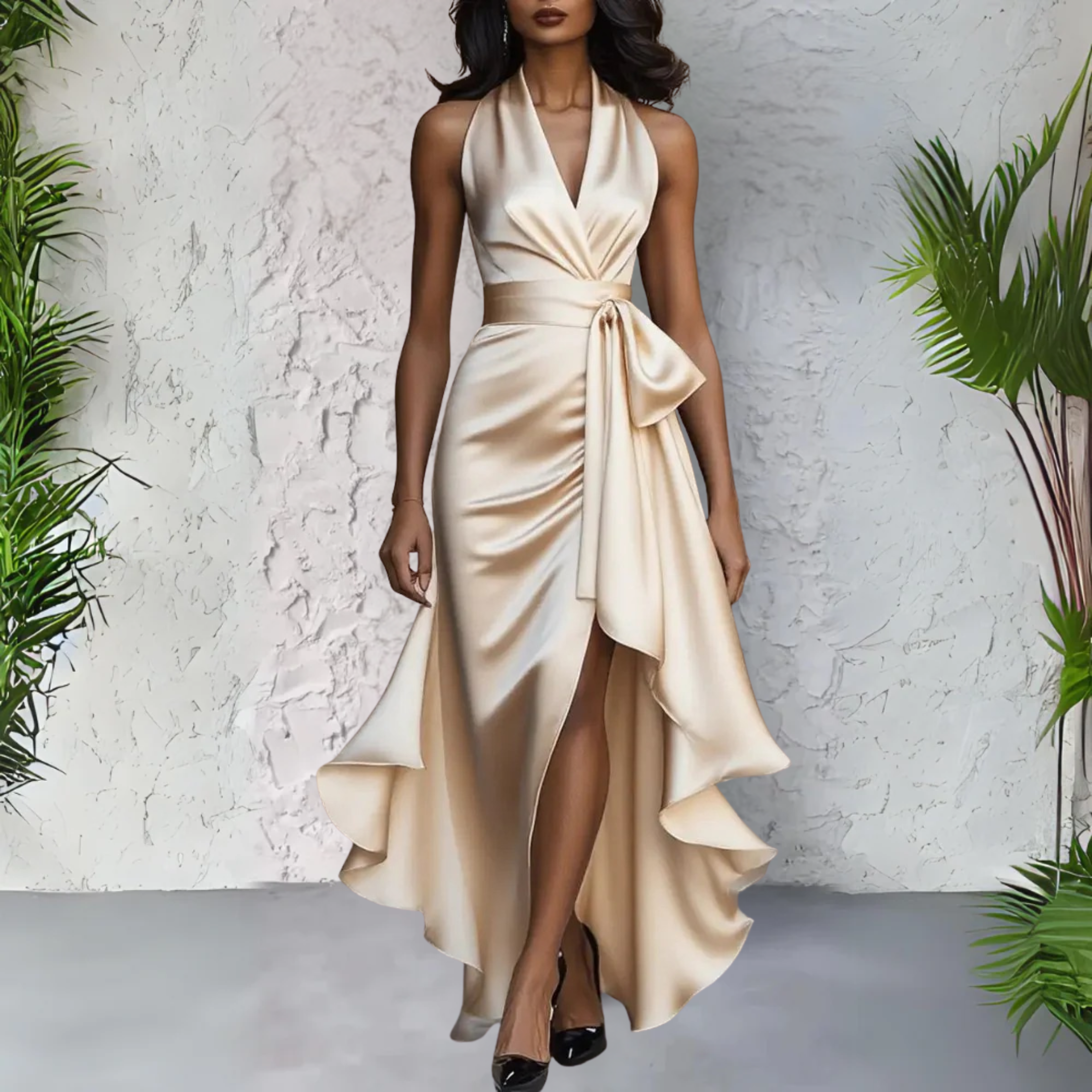 Lainey – Satin Halter Neck Wrap Wedding Guest Maxi Dress