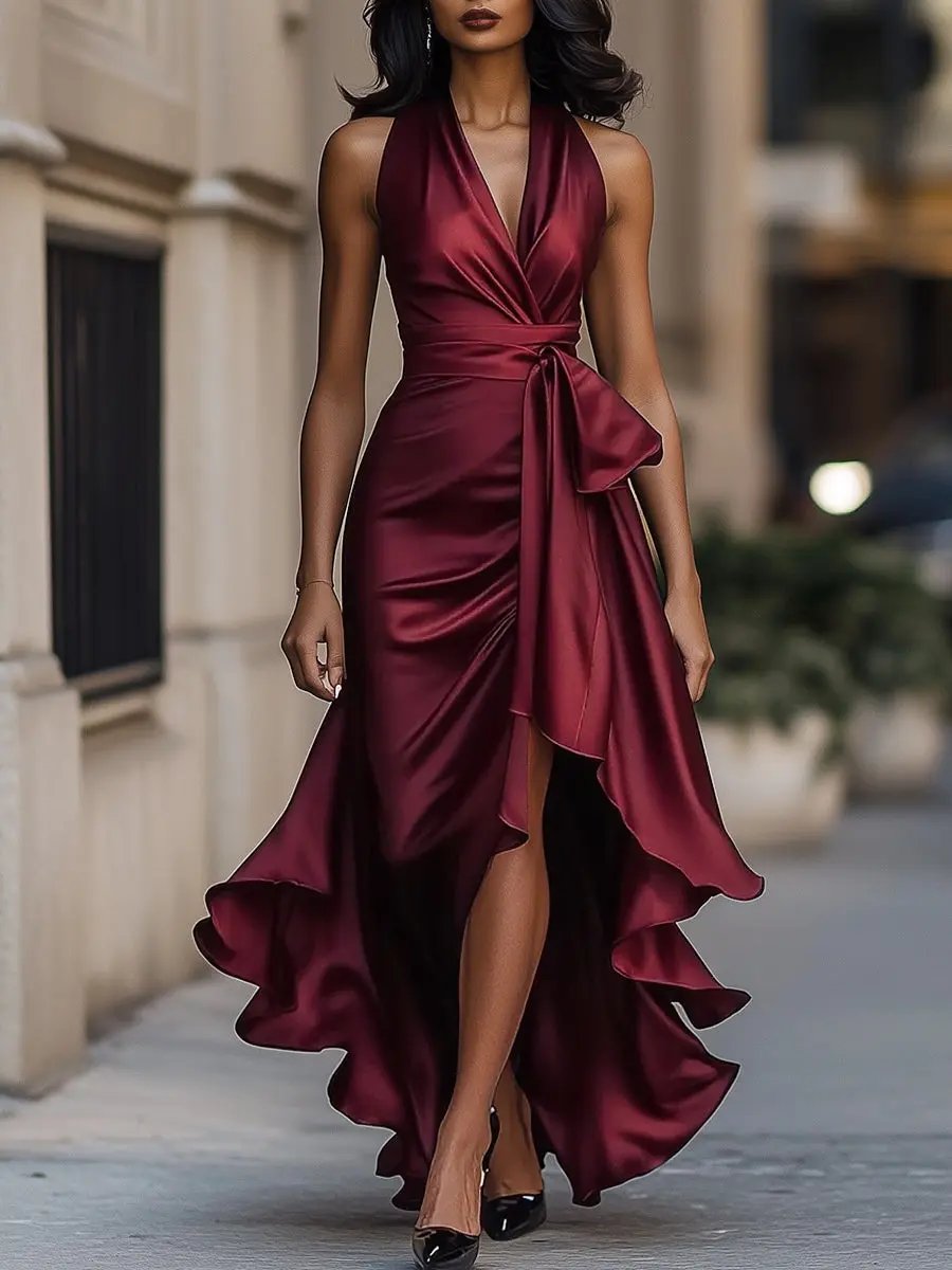 Lainey – Satin Halter Neck Wrap Wedding Guest Maxi Dress