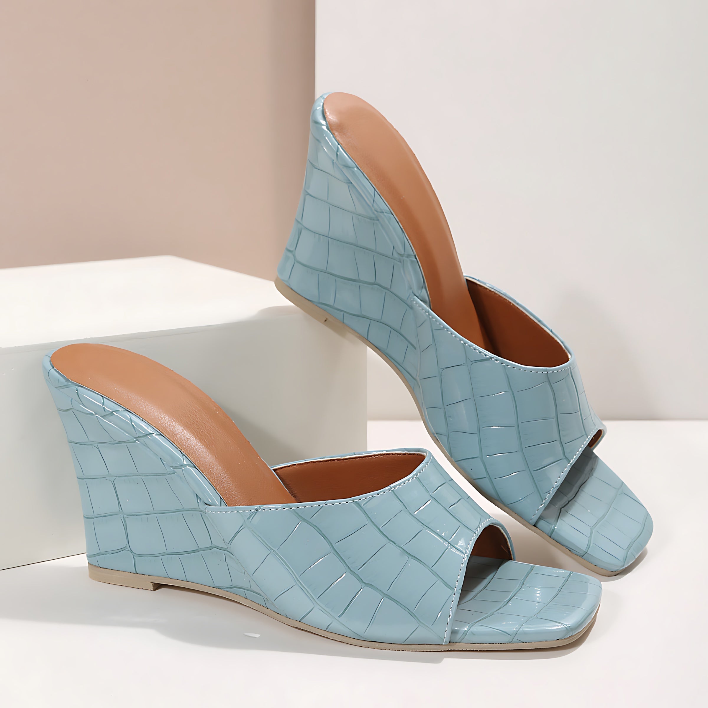 Camila – Croc Embossed Peep Toe Wedge Mules