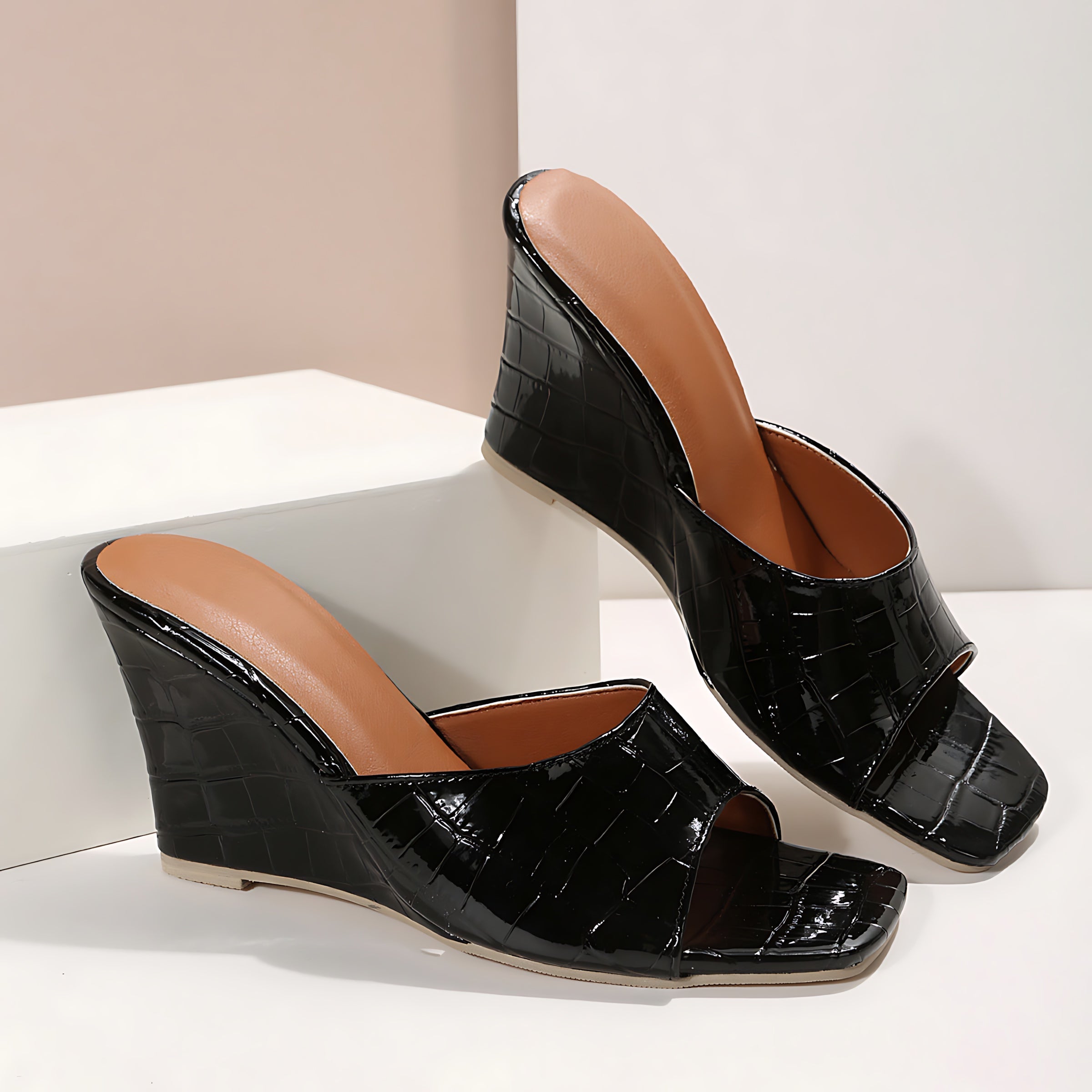 Camila – Croc Embossed Peep Toe Wedge Mules