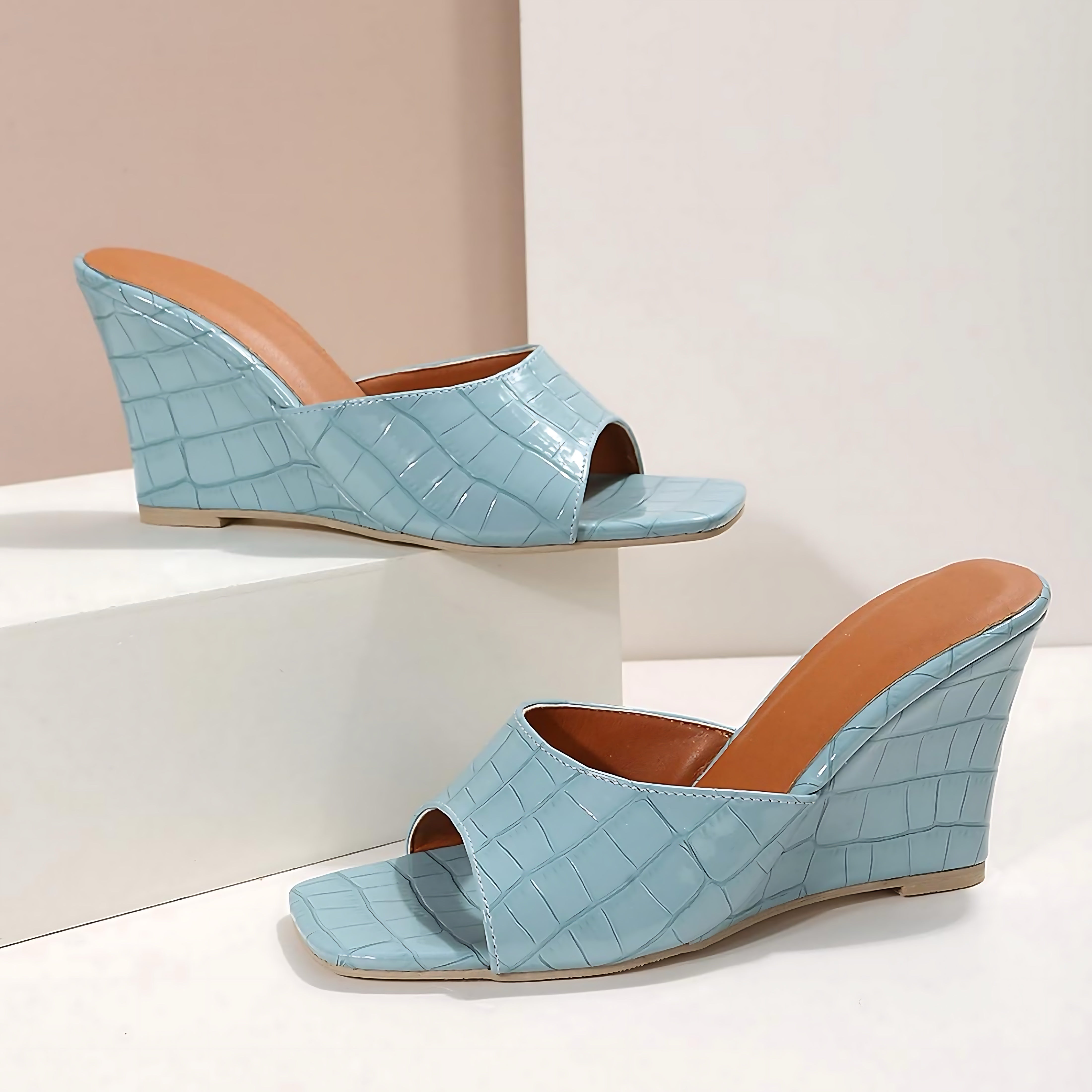 Camila – Croc Embossed Peep Toe Wedge Mules