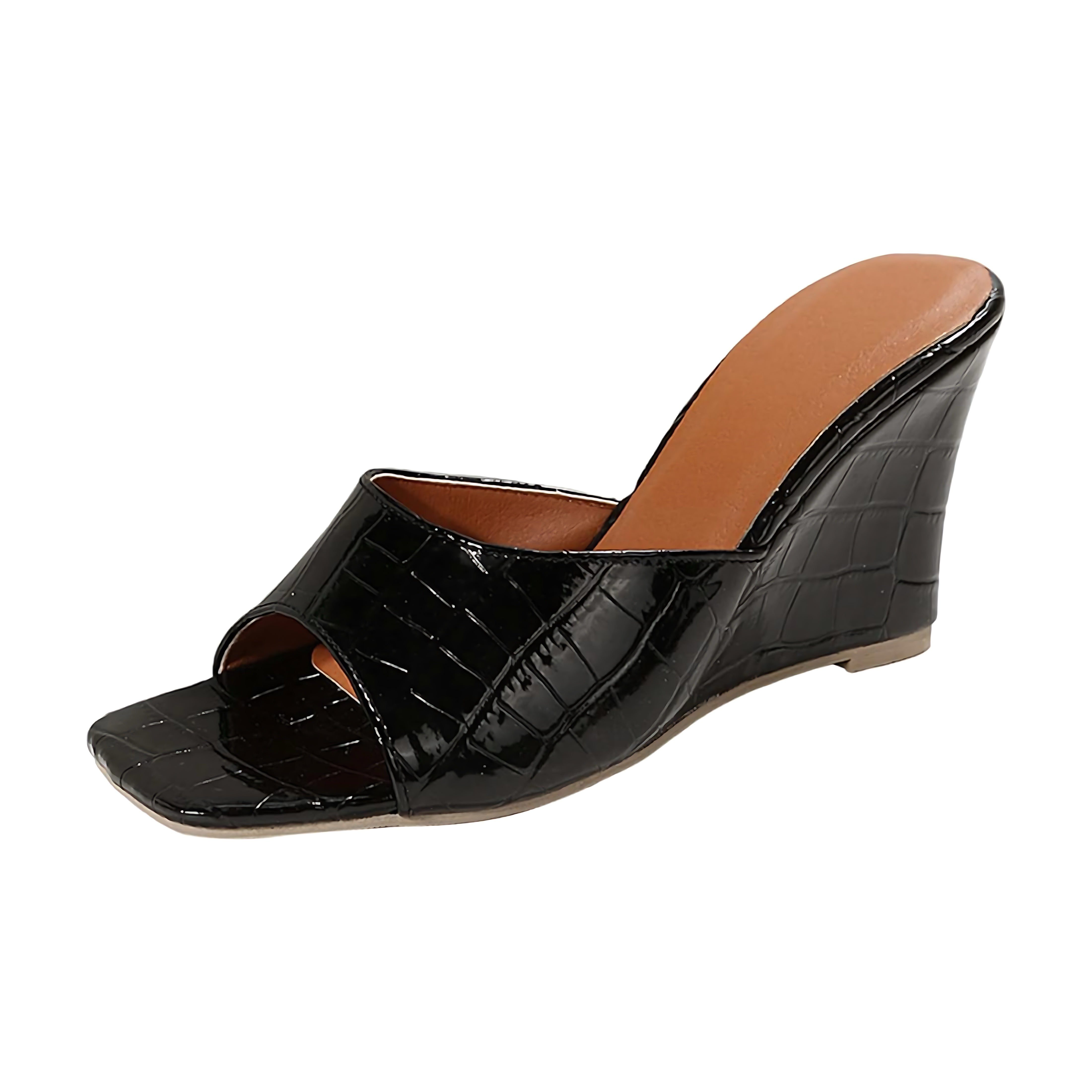 Camila – Croc Embossed Peep Toe Wedge Mules
