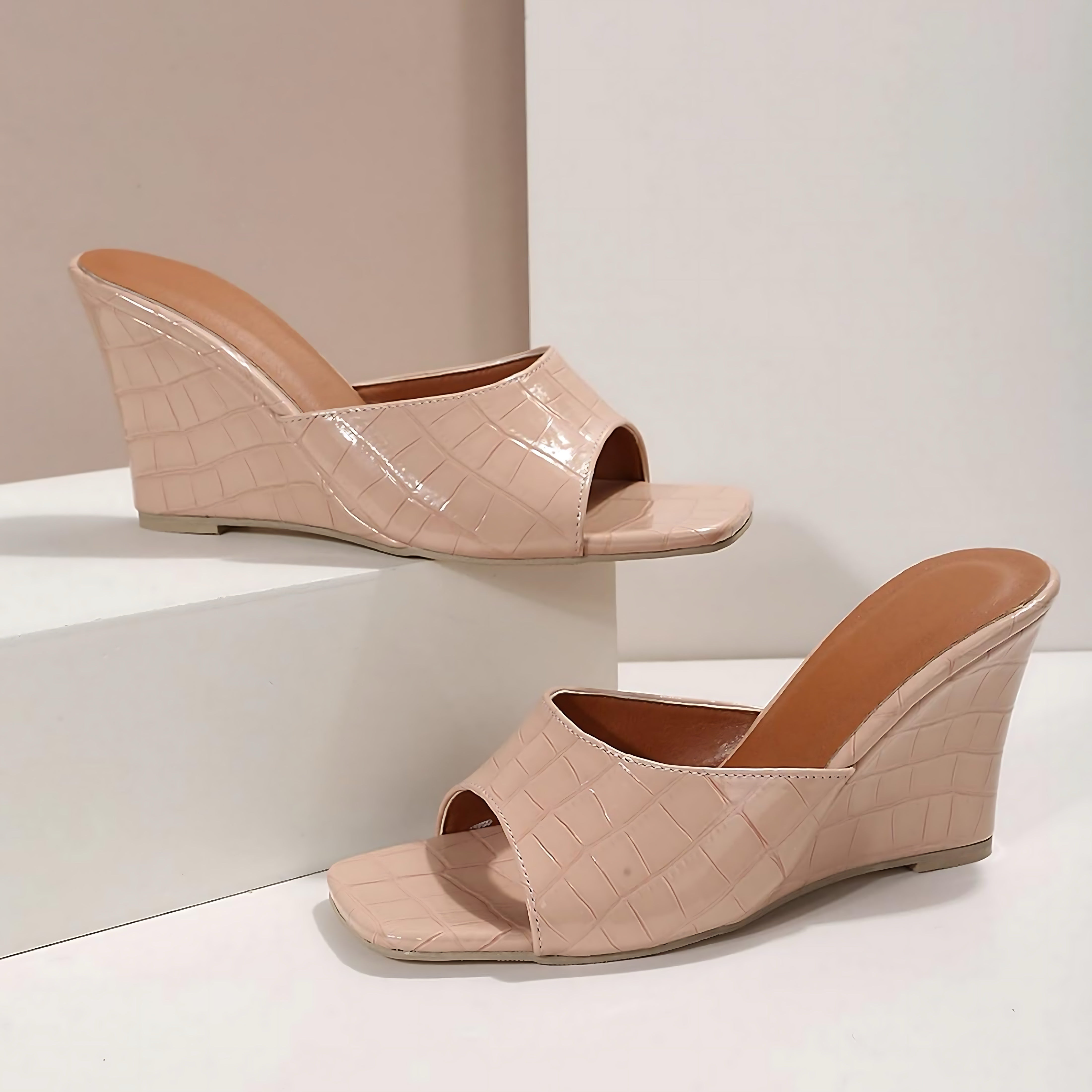 Camila – Croc Embossed Peep Toe Wedge Mules