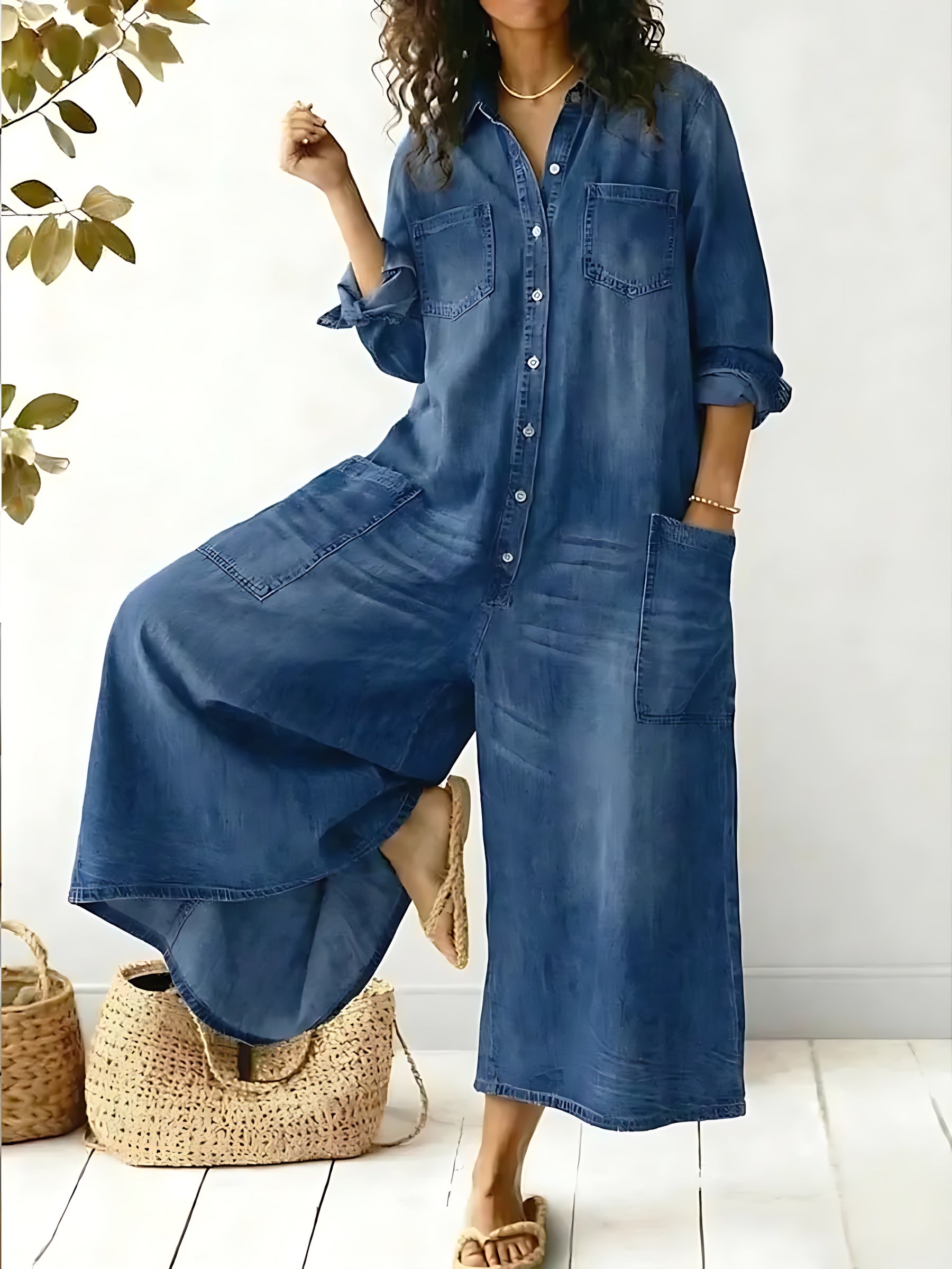 Camila – Denim Long Sleeve Wide Leg Jumpsuit