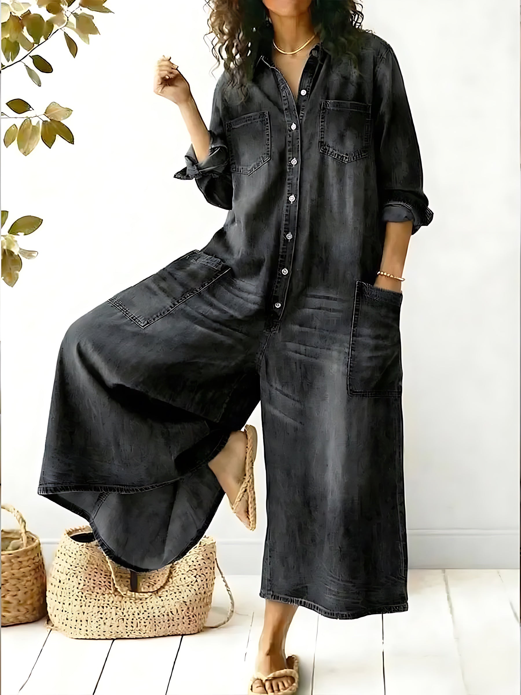 Camila – Denim Long Sleeve Wide Leg Jumpsuit