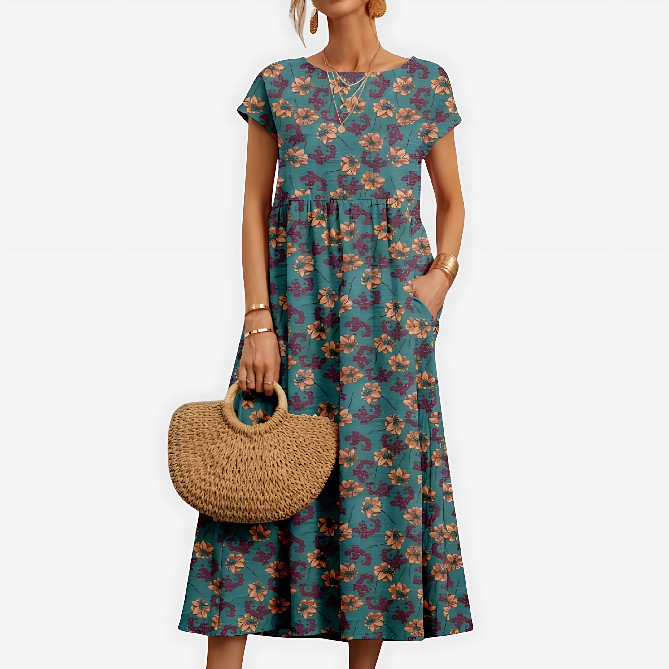 Camila – Floral Print Crew Neck Summer Midi Dress
