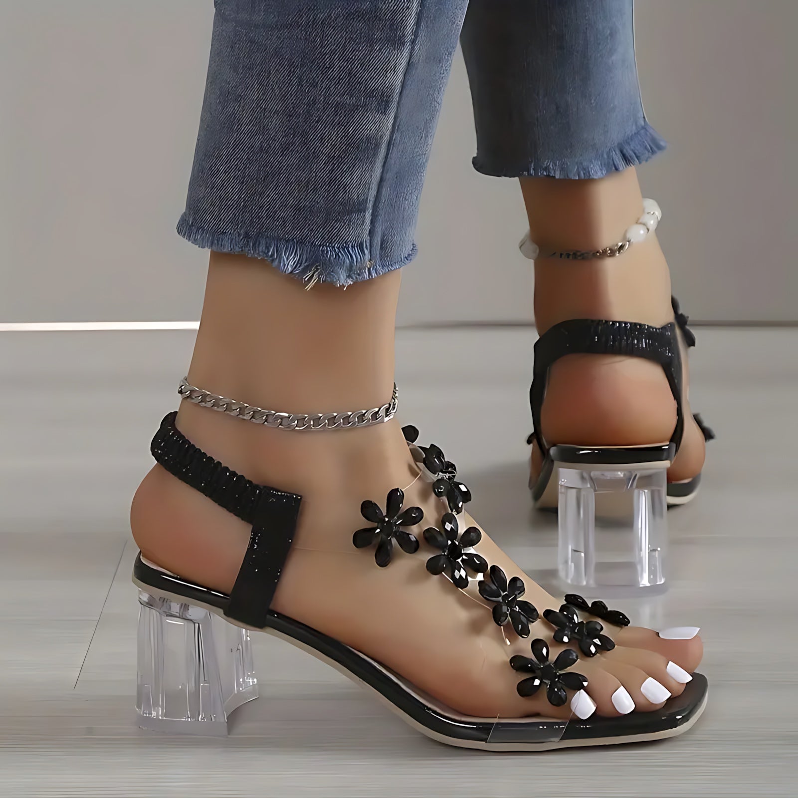Camille – Rhinestone Ankle Strap Block Heel Sandals