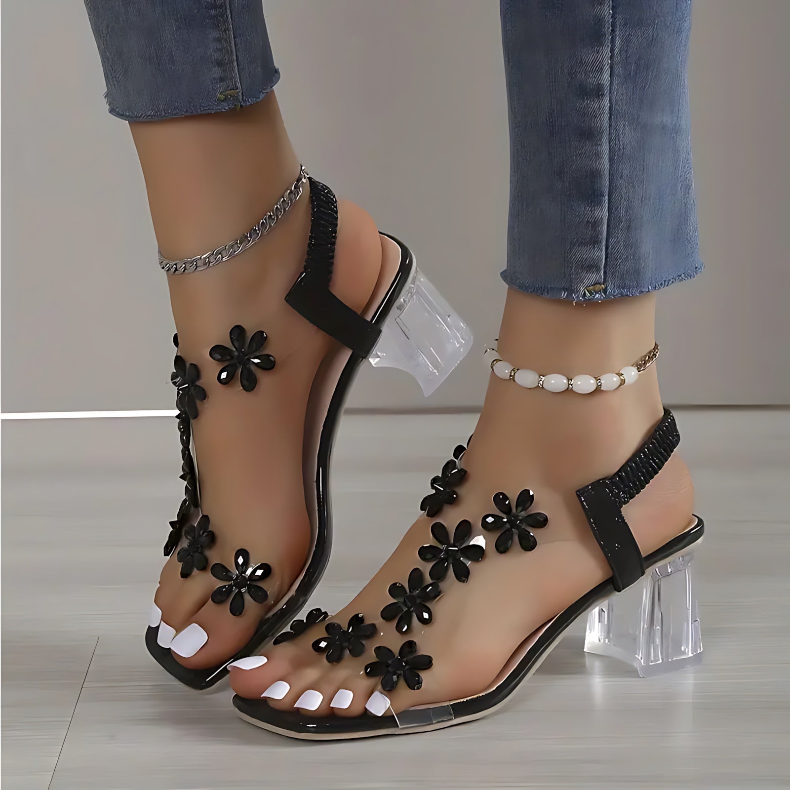 Camille – Rhinestone Ankle Strap Block Heel Sandals