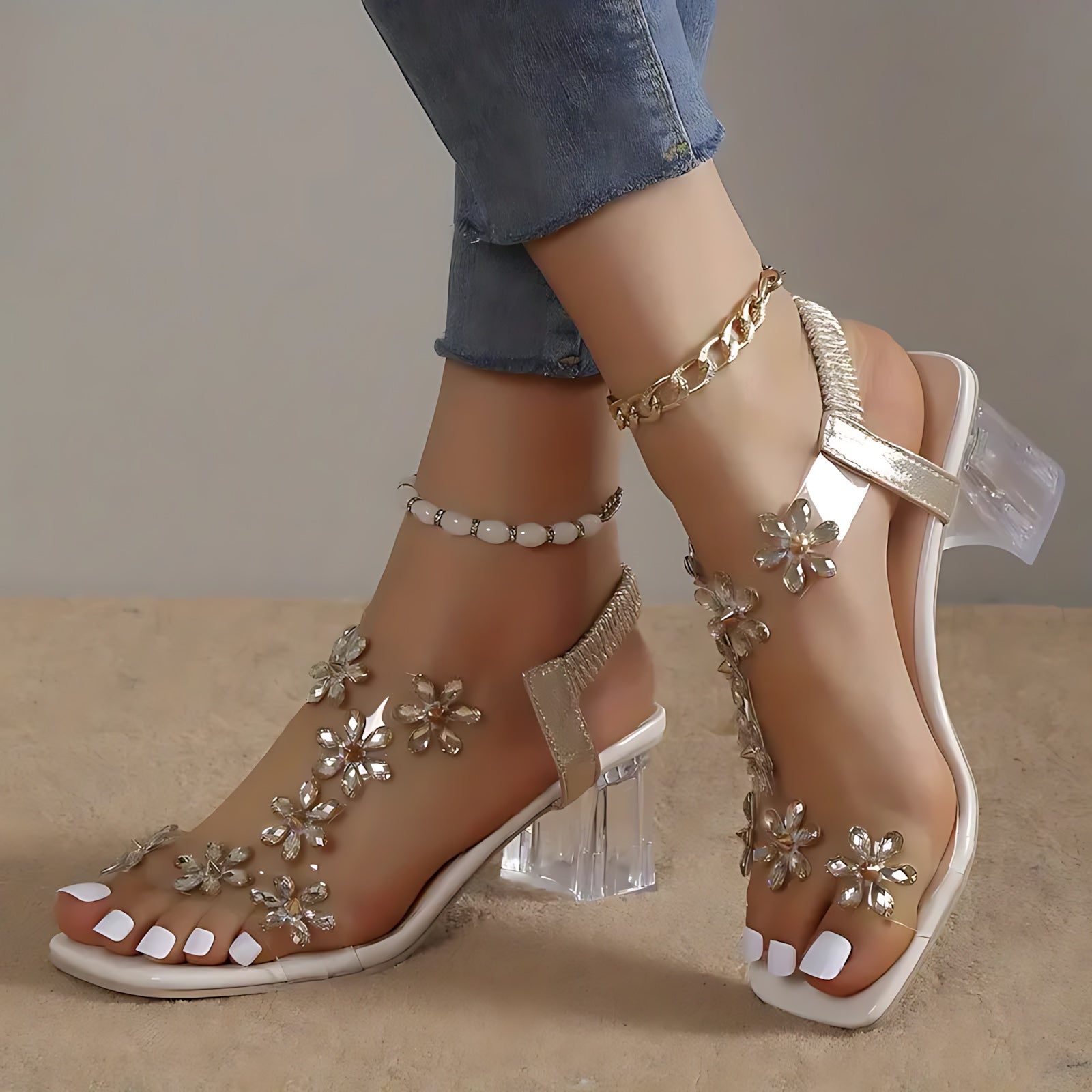 Camille – Rhinestone Ankle Strap Block Heel Sandals