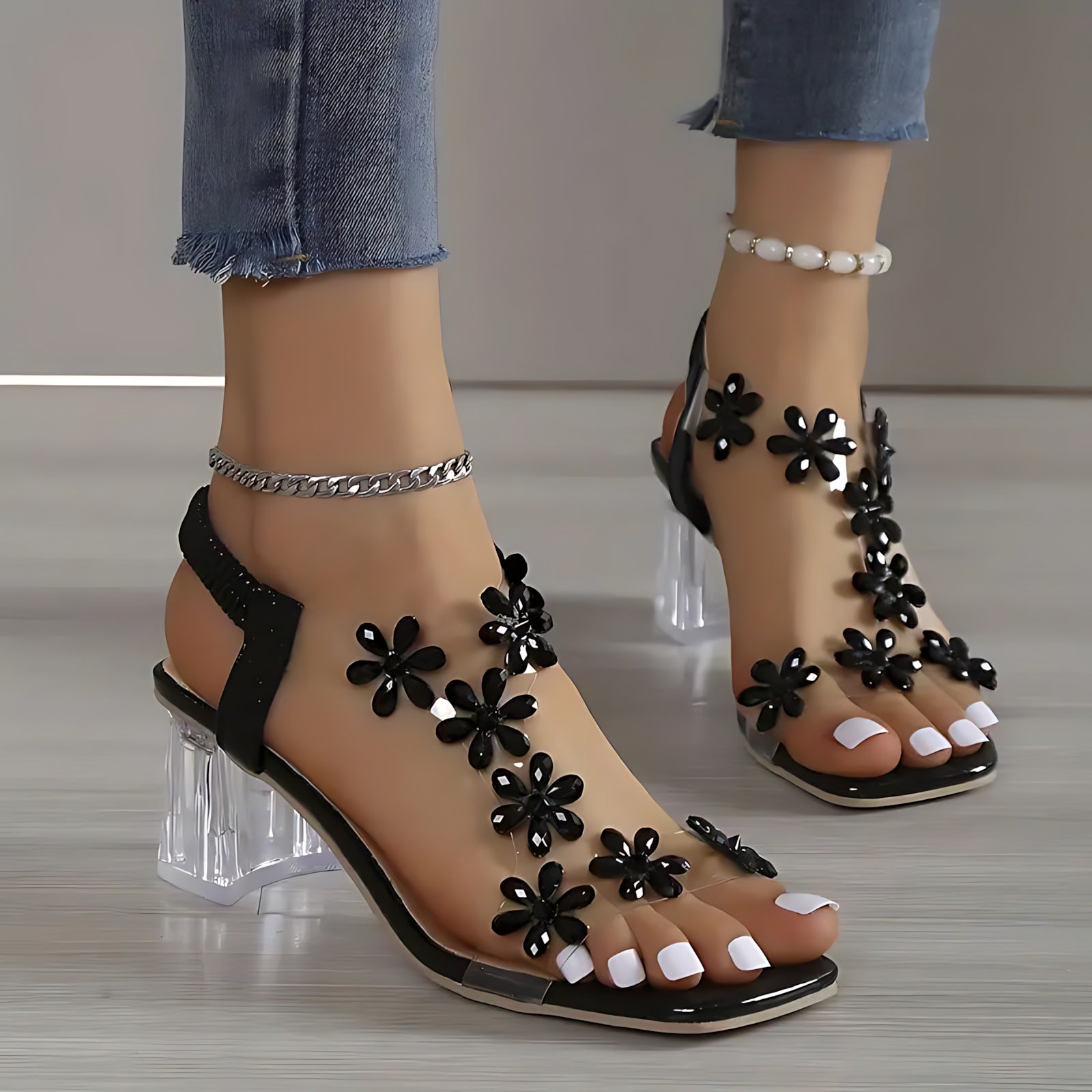 Camille – Rhinestone Ankle Strap Block Heel Sandals
