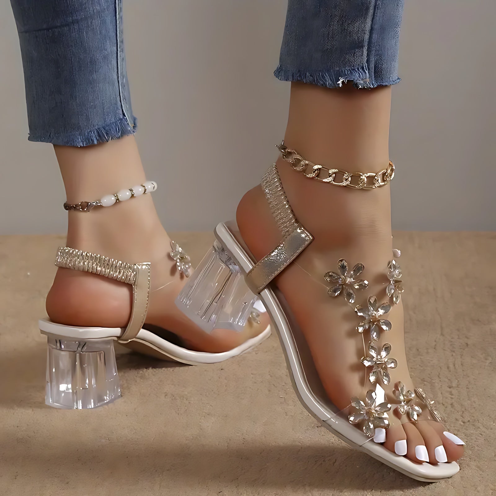 Camille – Rhinestone Ankle Strap Block Heel Sandals