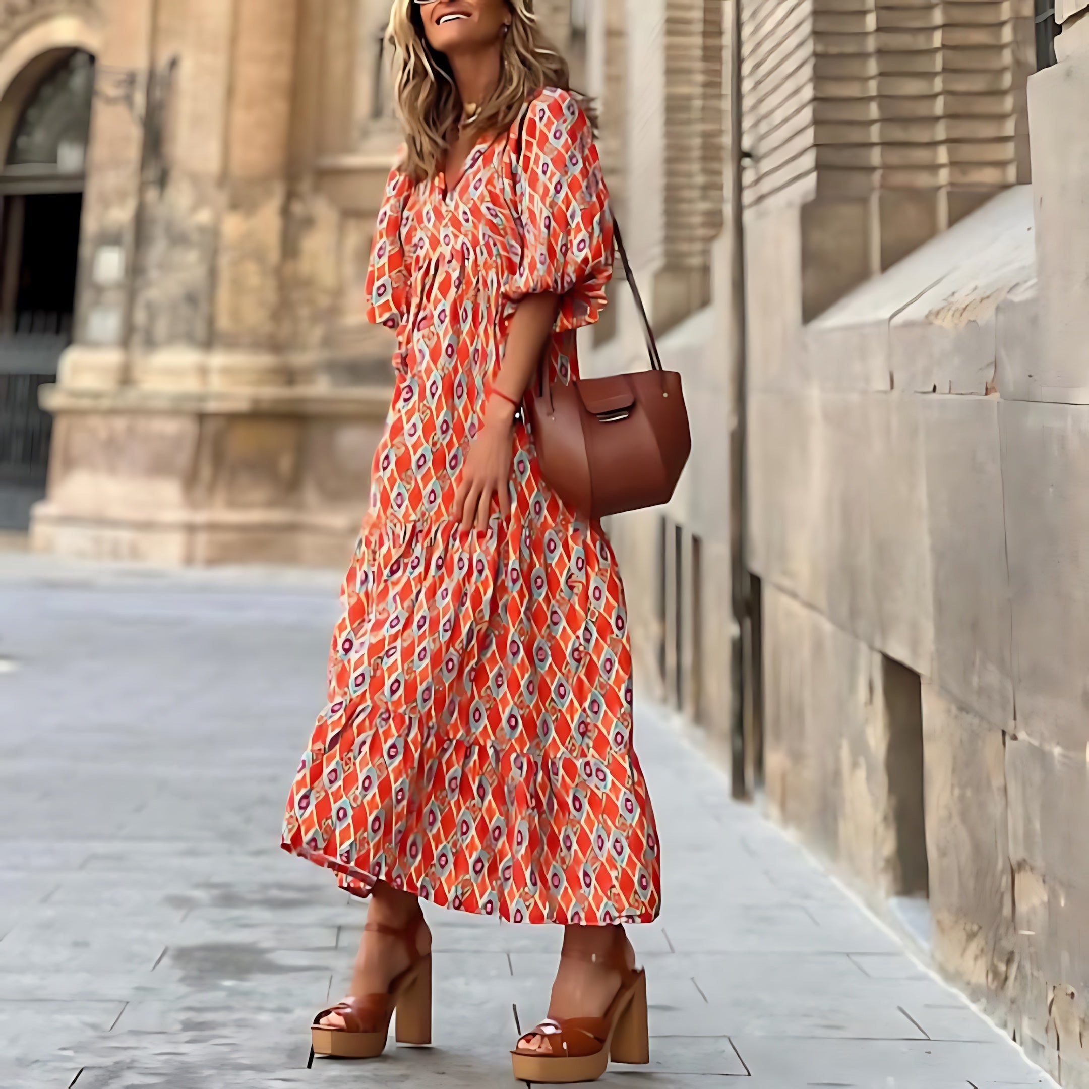 Cara – Ditsy Floral Puff Sleeve Boho Midi Dress