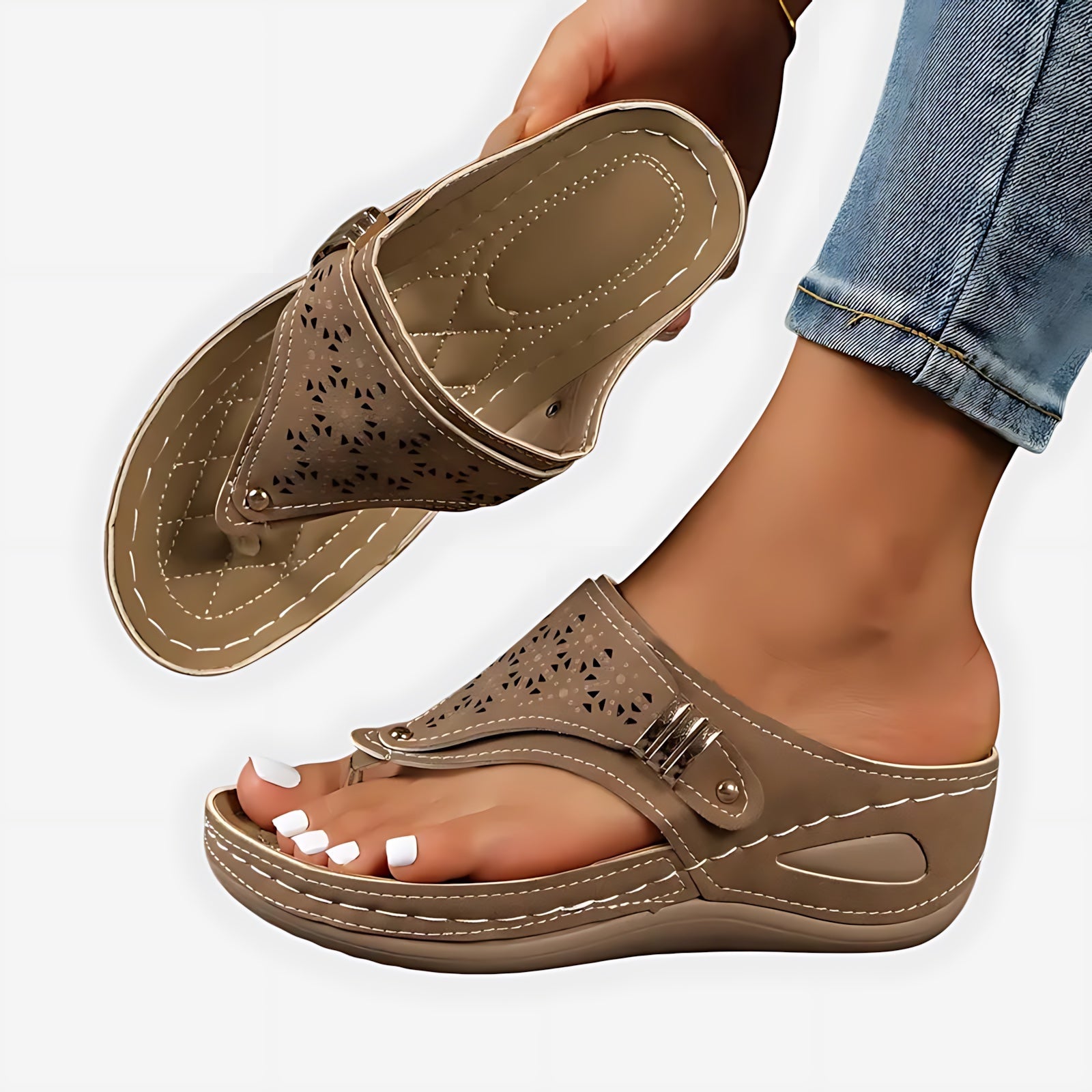 Cara – Laser Cut Toe Loop Wedge Sandals