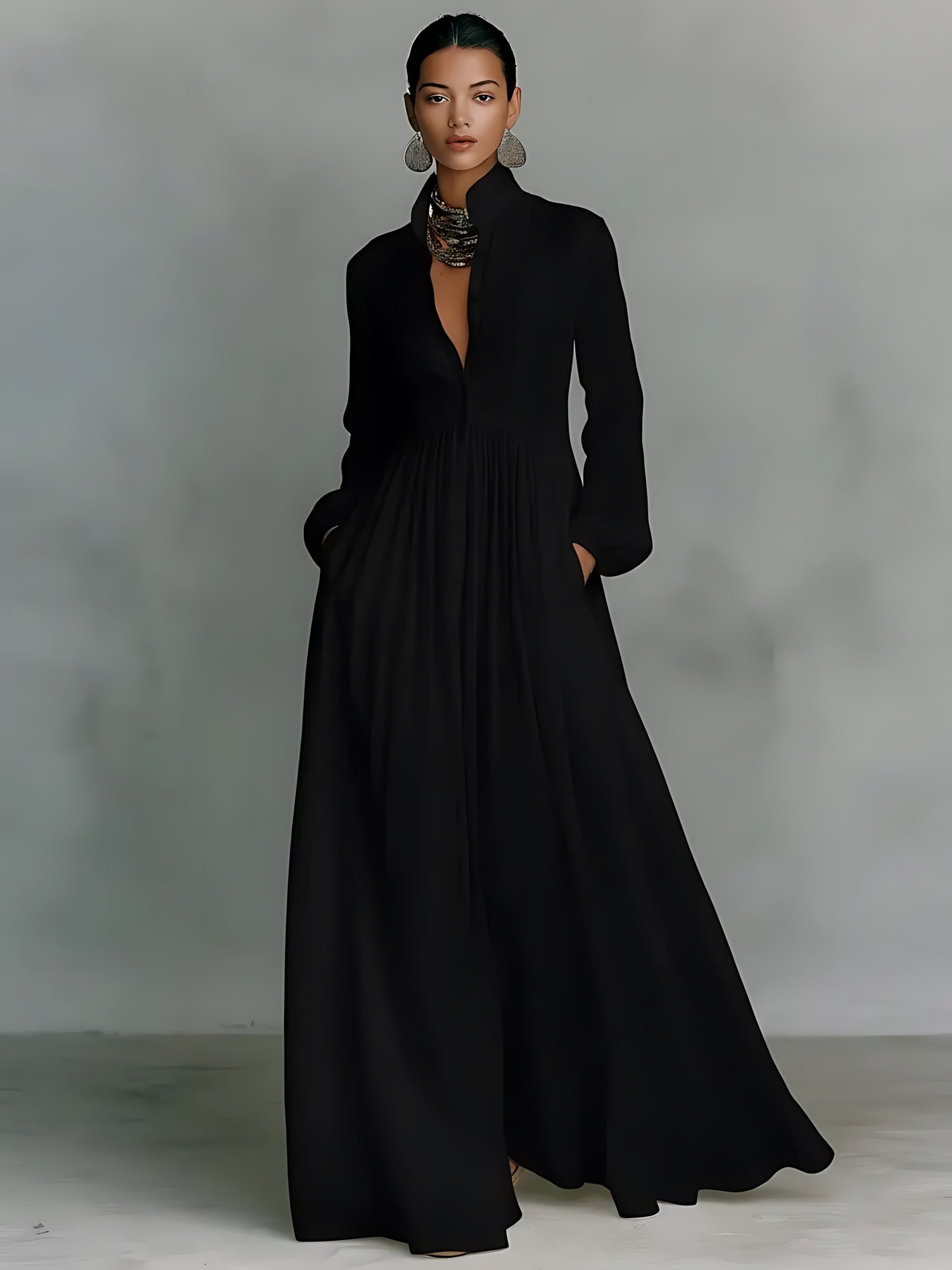 Cara – V Neck Long Sleeve Flowy Maxi Dress