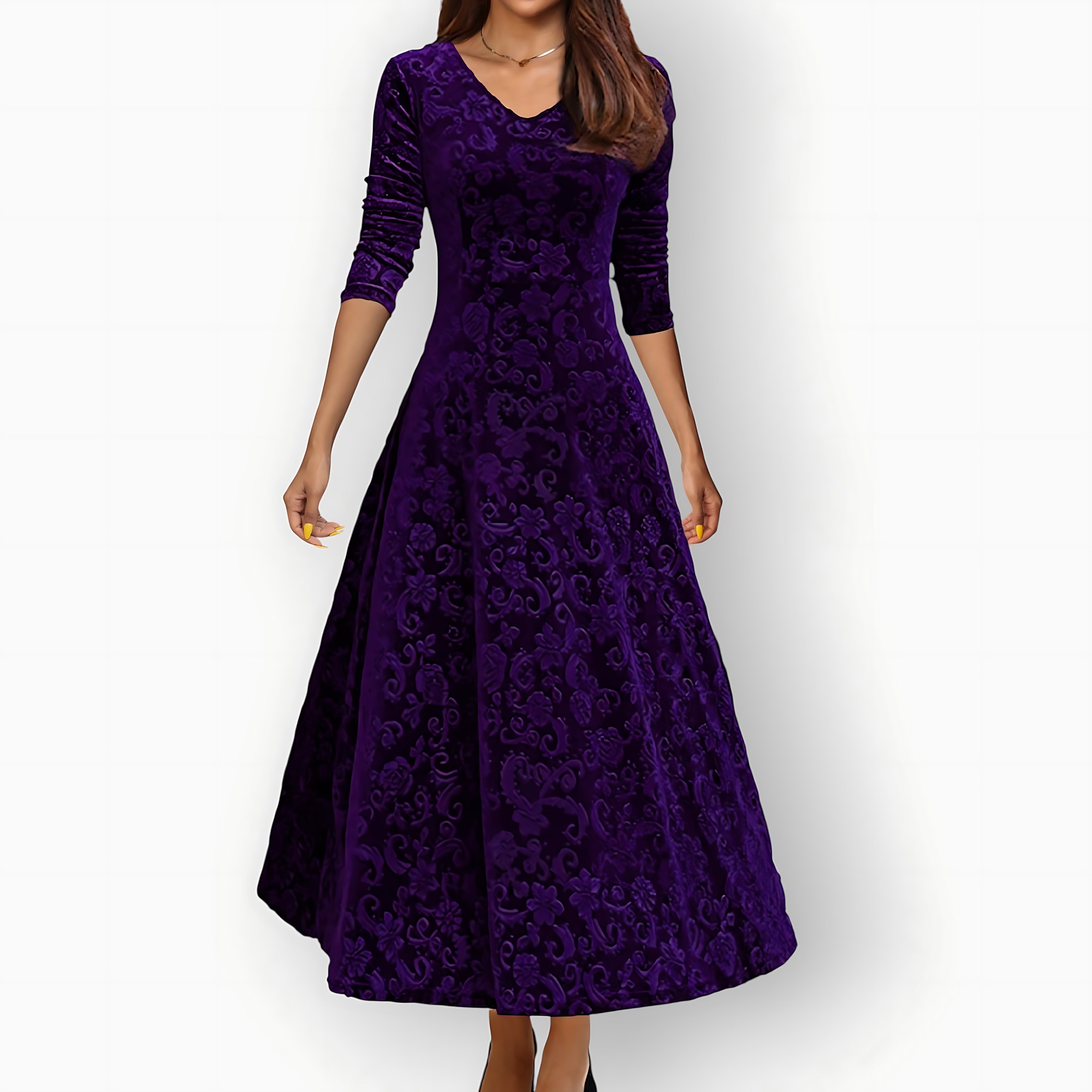 Cara – Velvet V Neck A Line Cocktail Midi Dress