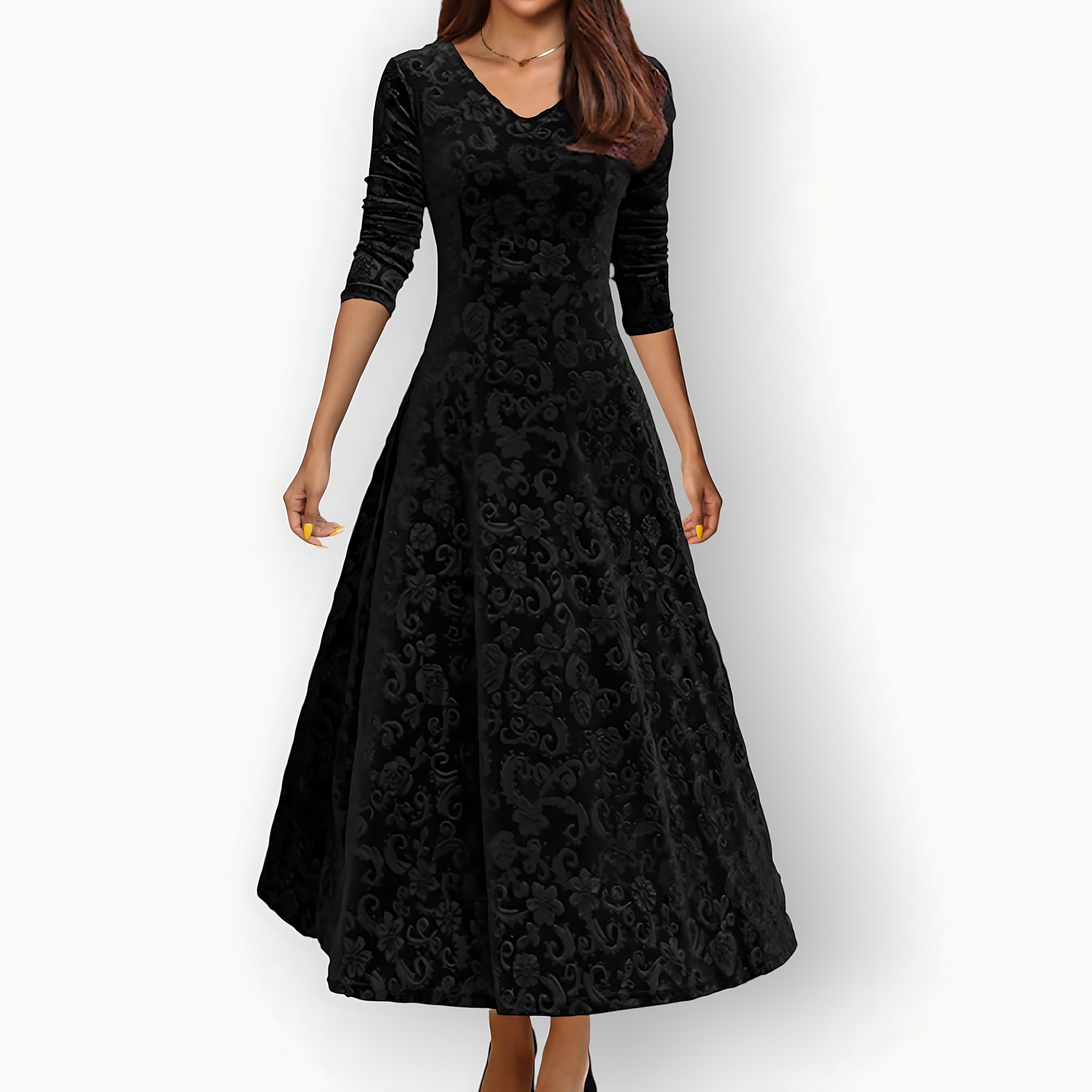 Cara – Velvet V Neck A Line Cocktail Midi Dress