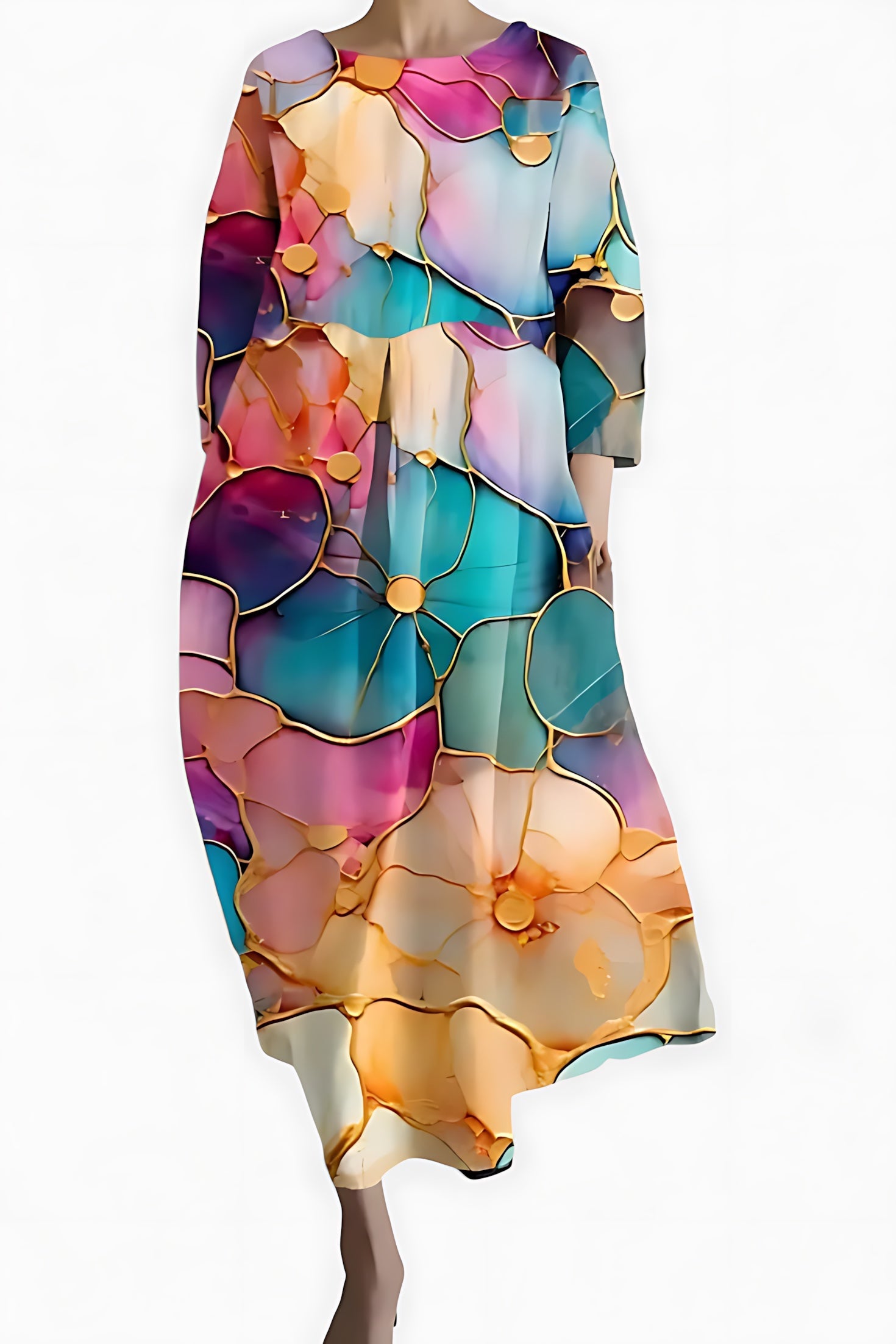 Caroline – Abstract Print V Neck Flowy Midi Dress