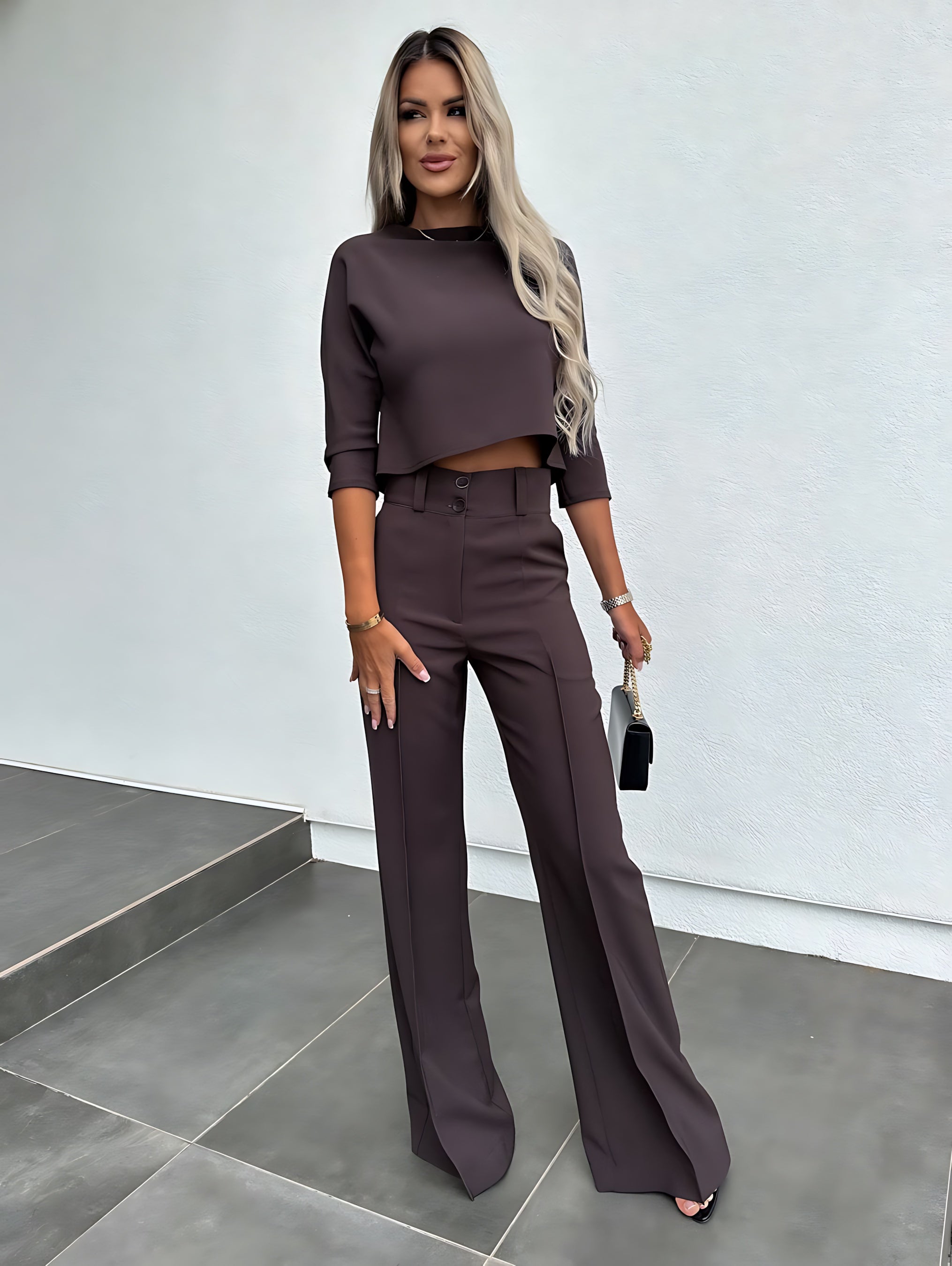 Caroline – Long Sleeve Crop Top and Flare Pants Lounge Set