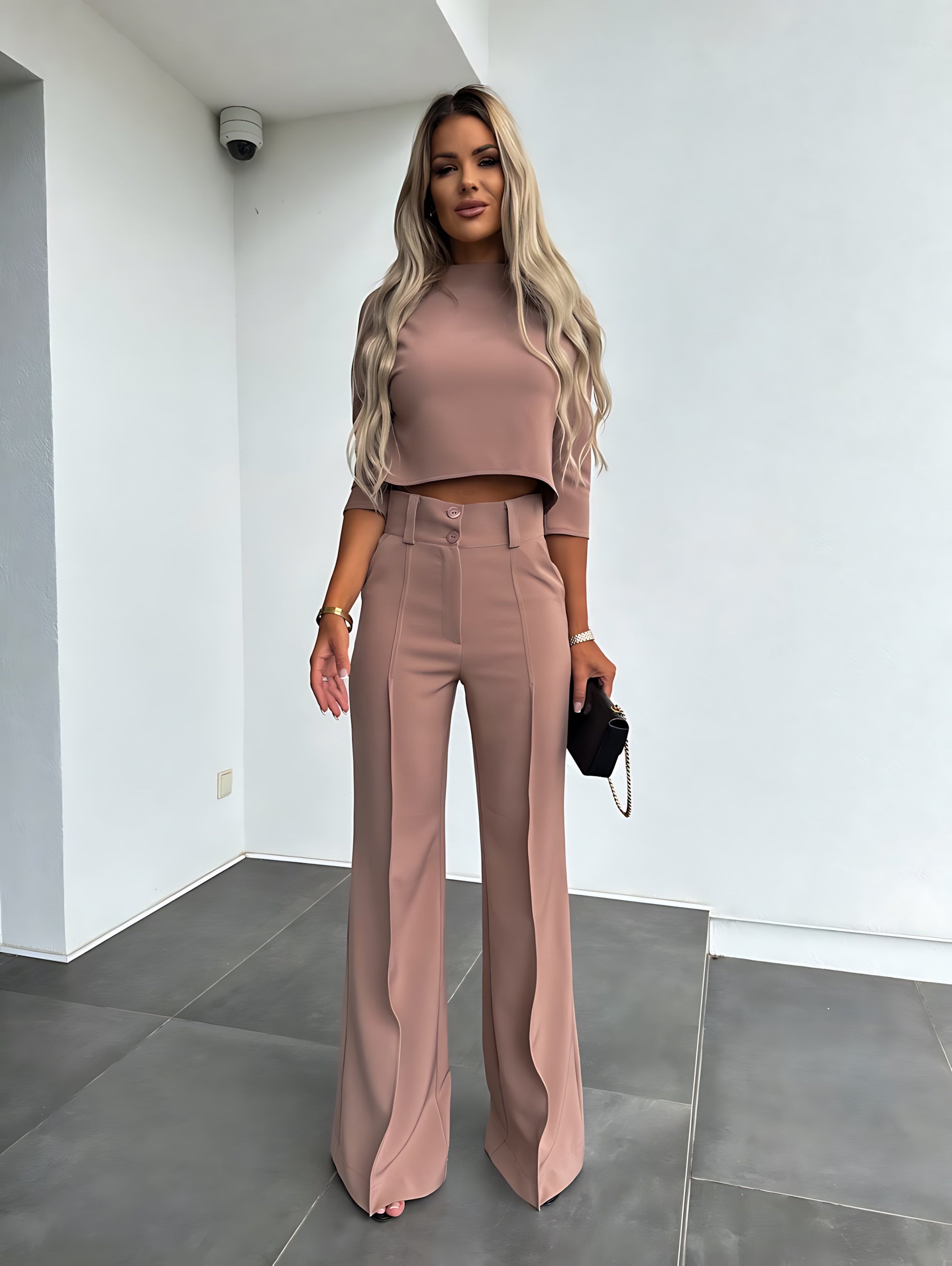 Caroline – Long Sleeve Crop Top and Flare Pants Lounge Set